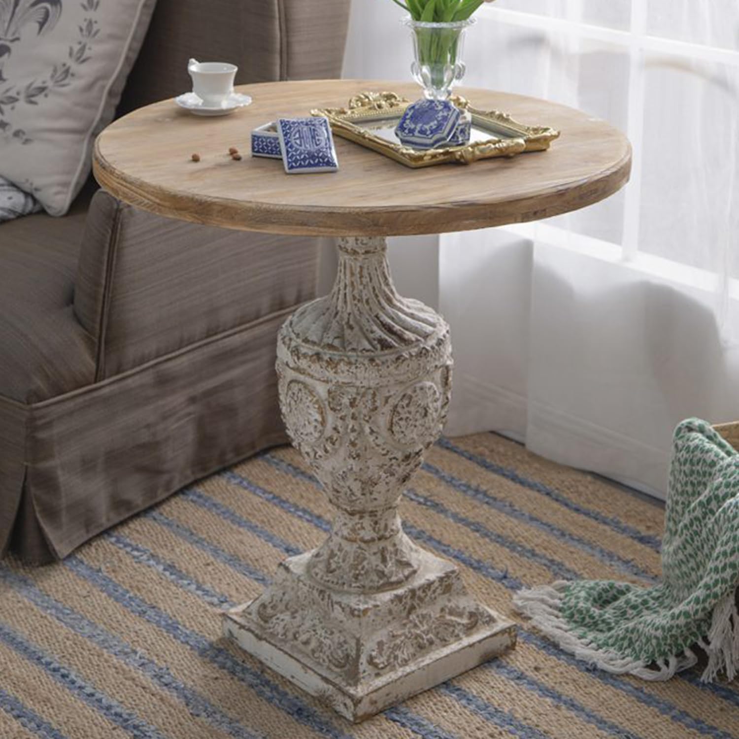 Round Wood Side Table Rustic Circle End Table 30" Small Coffee Tables Drink Table with Pedestal Bedside Tables Nightstand for Small Spaces Living Room Bedroom Patio Antique White & Wood