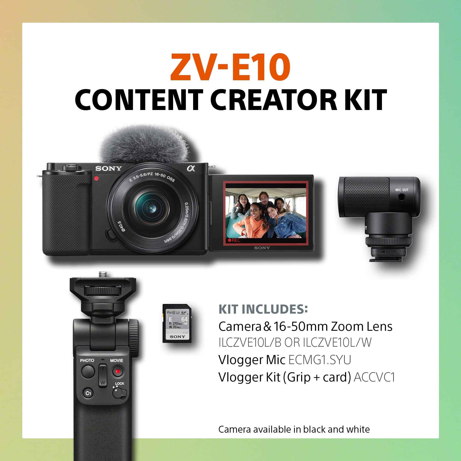 Sony Alpha ZV-E10 - APS-C Interchangeable Lens Mirrorless Vlog Camera Kit & Content Creator Kit Black