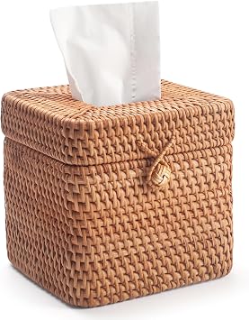 Rattan Tissue Box Cover Natural Woven Facial Napkin Holder Square with Lid 5.7 x 5.7 x 5.5 Inch Natural