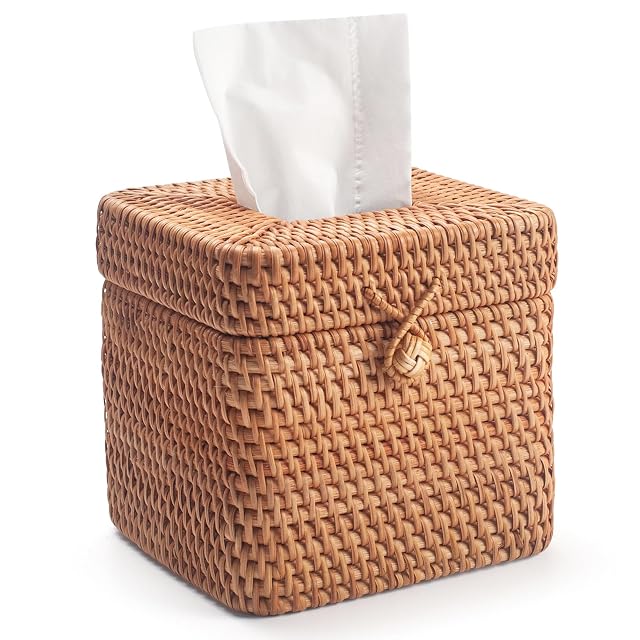 Rattan Tissue Box Cover Natural Woven Facial Napkin Holder Square with Lid 5 7 x 5 7 x