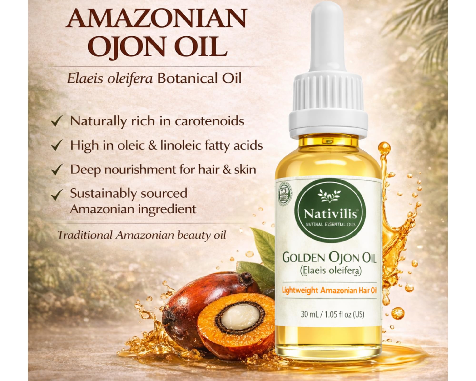 Nativilis Ojon Caiaue Golden Oil - Potenciador natural de la piel del cabello Rainforest Virgin Oil - Revitaliza los folículos dañados Cabello - Copaiba