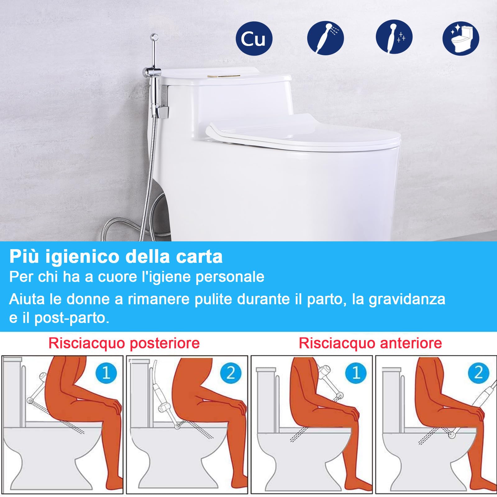 Spruzzatore portatile per bidet WC in ottone, attacco per bidet da 20,1 cm con tubo flessibile per igiene personale doccia musulmana Shattaf con pressione regolabile G1/2" e valvola a T G3/8",