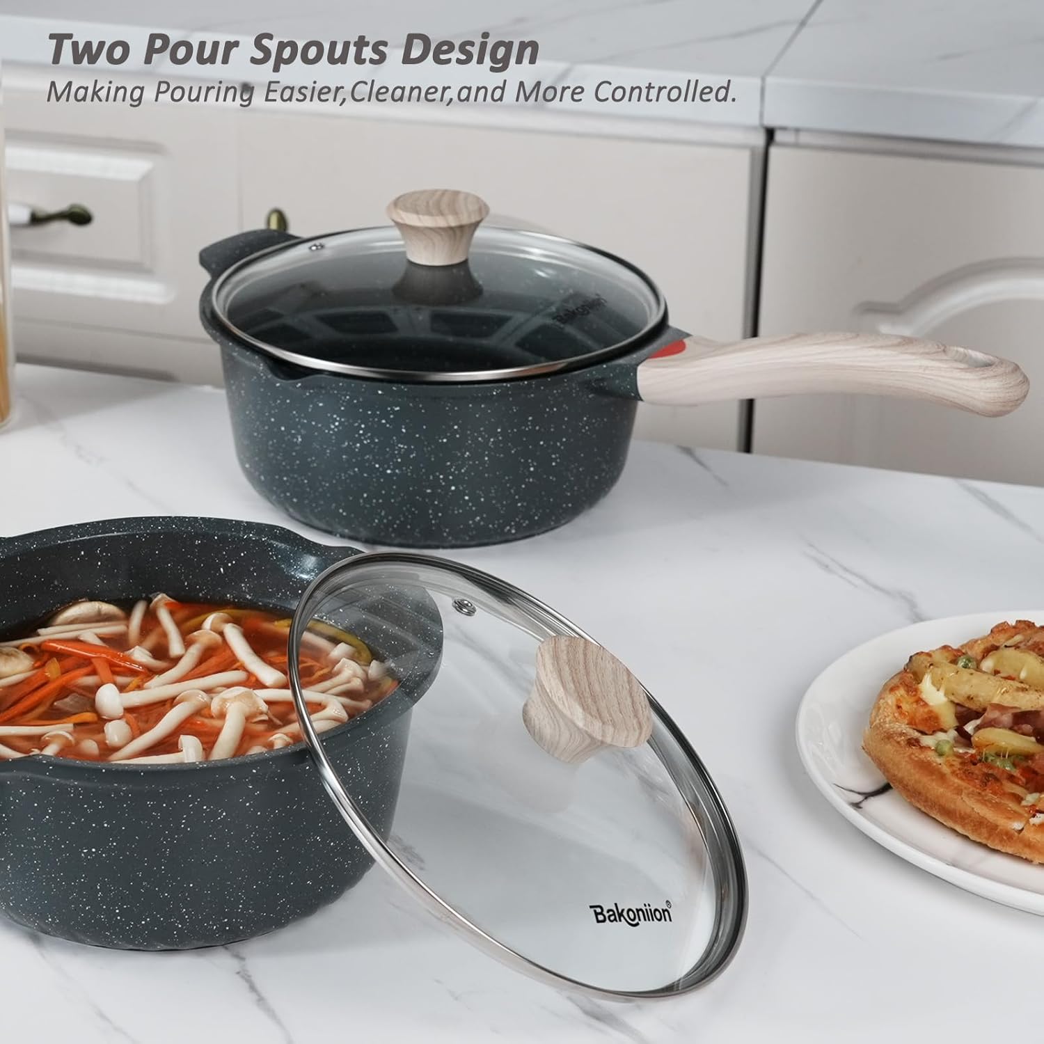 Ceramic Nonstick Saucepan Set 2QT and 3QT, Cast Aluminum Cooking Pots with Side Pour Spouts,Compatible with All Cooktops,Dishwasher Safe