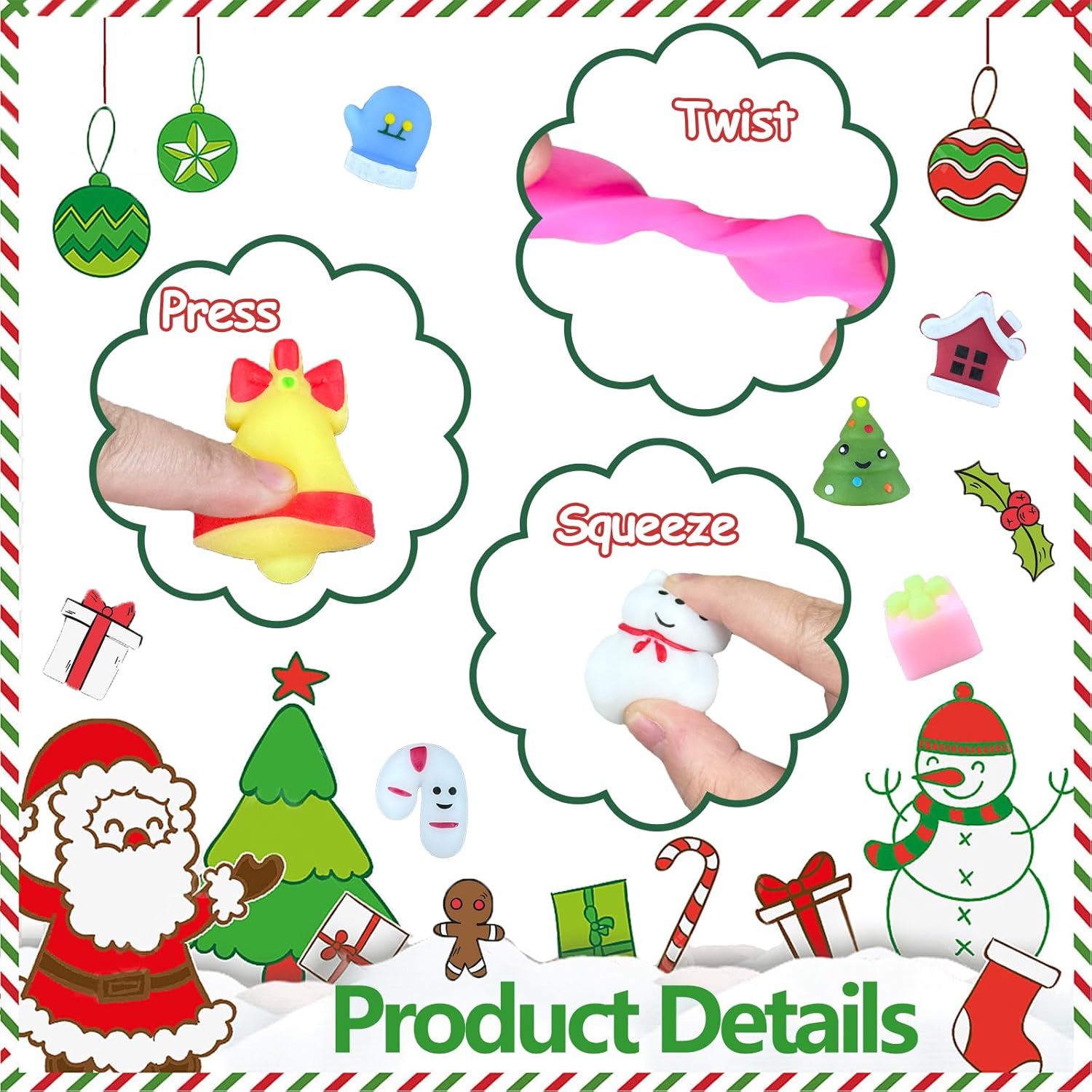60pcs Christmas Mochi Squishy Toys, Christmas Squishies Party Favors Fidget Toys Stocking Stuffers for Kids Christmas Goodie Bag Stuffers Gifts Bulk