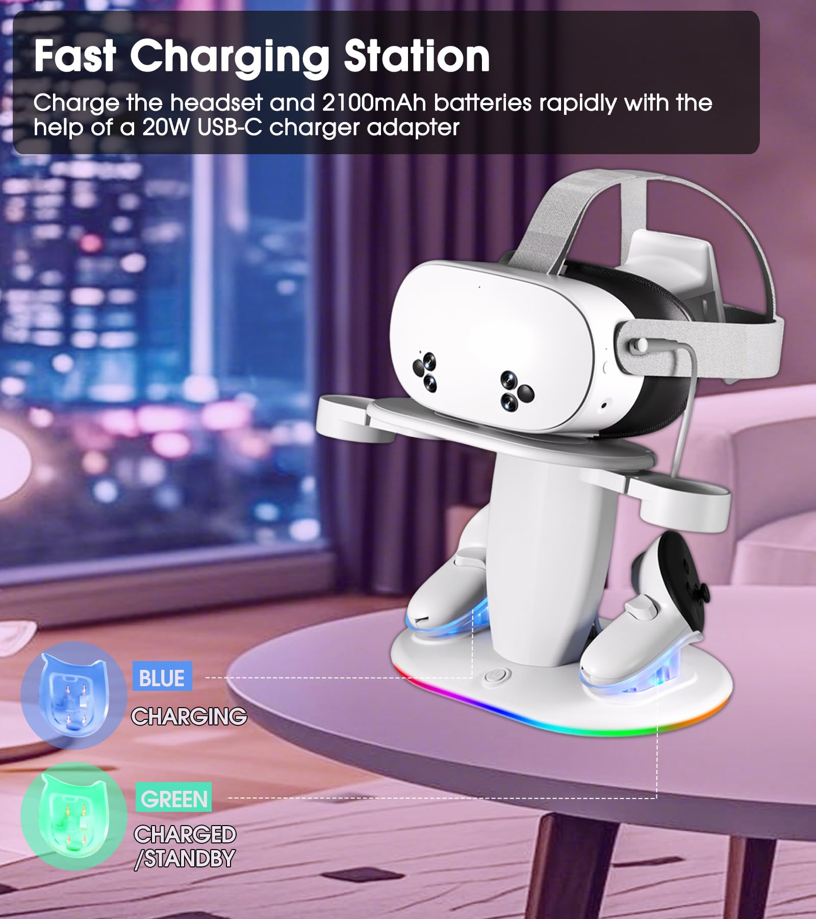 Ladestation für Meta Quest 2/3/3S/Quest Pro,Schnelllade-Dock mit RGB Beleuchtung für Controller, Ladedock mit USB C Schnellladung für VR Headset und Touch Controller (White)