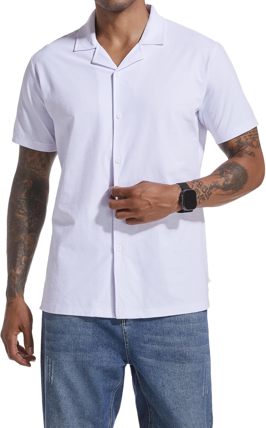 Men's Casual Button Down Shirts Short Sleeve Summer Cuban Vacation Beach Shirts White X-Large