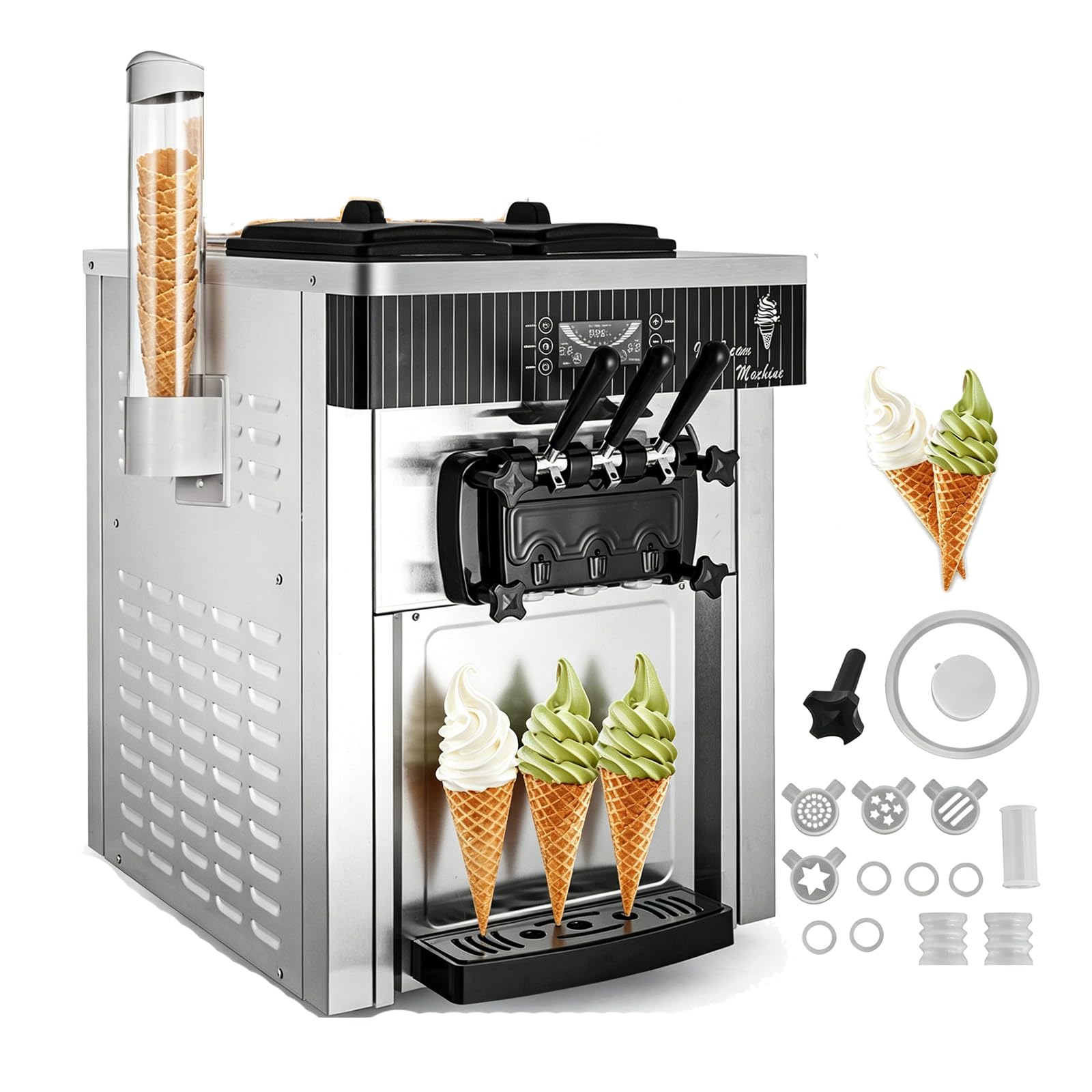 Kommerzielle Eismaschine, 20–28 L/h 2200 W, Kommerzielle Softeismaschine, Gewerbliche Eiscrememaschine mit 3 Aromen & 2 x 6L & LED-Panel, für Restaurant, Café (8218T)