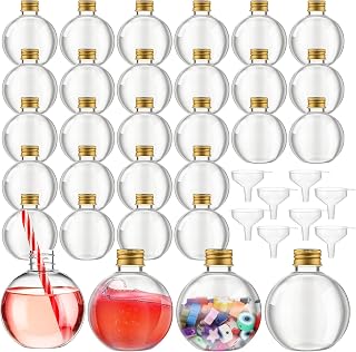Jinei 30 Packs 8 oz Spherical Plastic Potion Bottles Ball Shape Sand Bottles Clear Plastic Cocktail Ornament Balls with Funnels for DIY Wedding Party Gift Crafts Decoration(Lid,Gold)