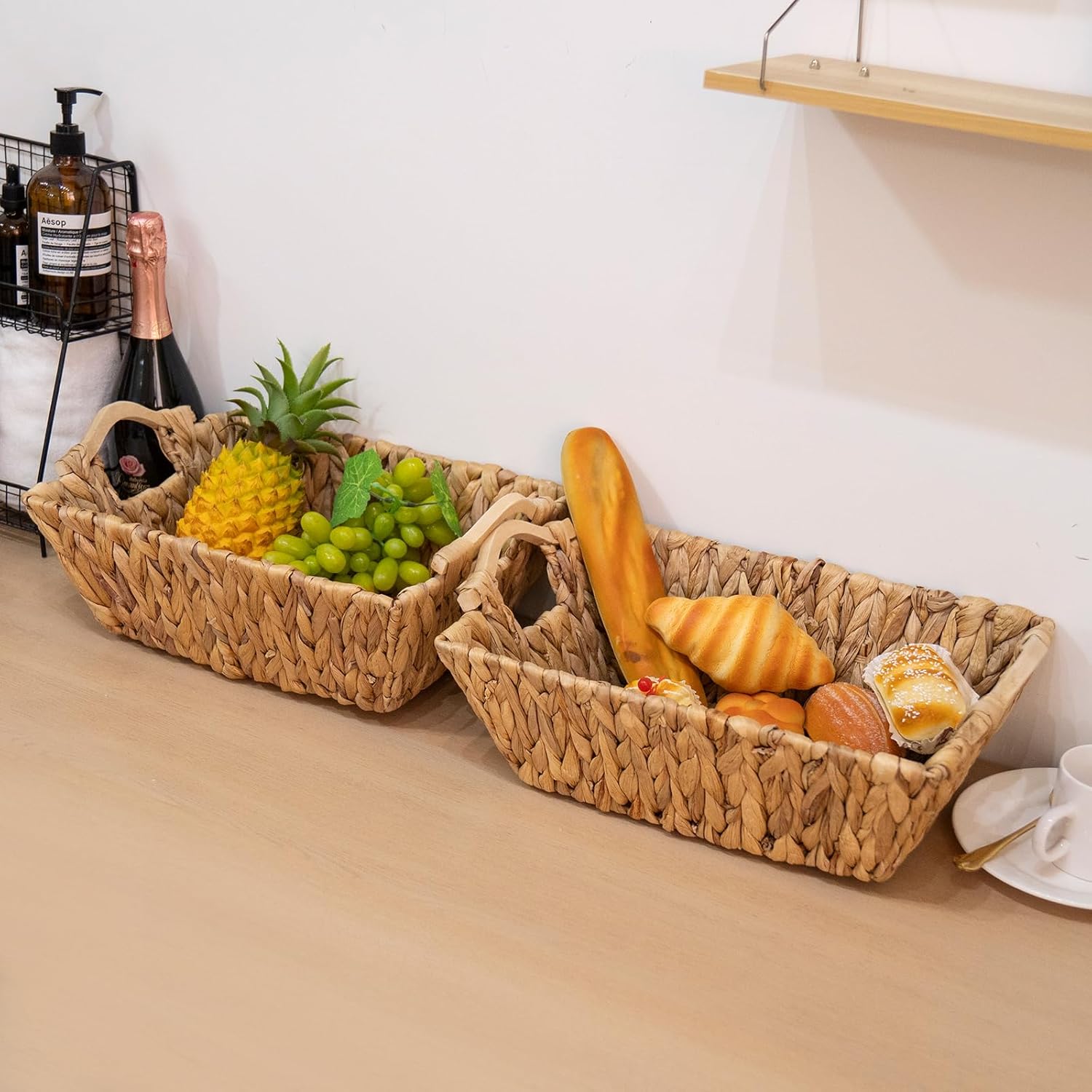 Water Hyacinth Storage Baskets,Trapezoid Wicker Baskets with Wooden Handles for Organizing Bathroom, Decorative Small Basket 14.96 * 10.63 * 6.3 inches - 2 Pack