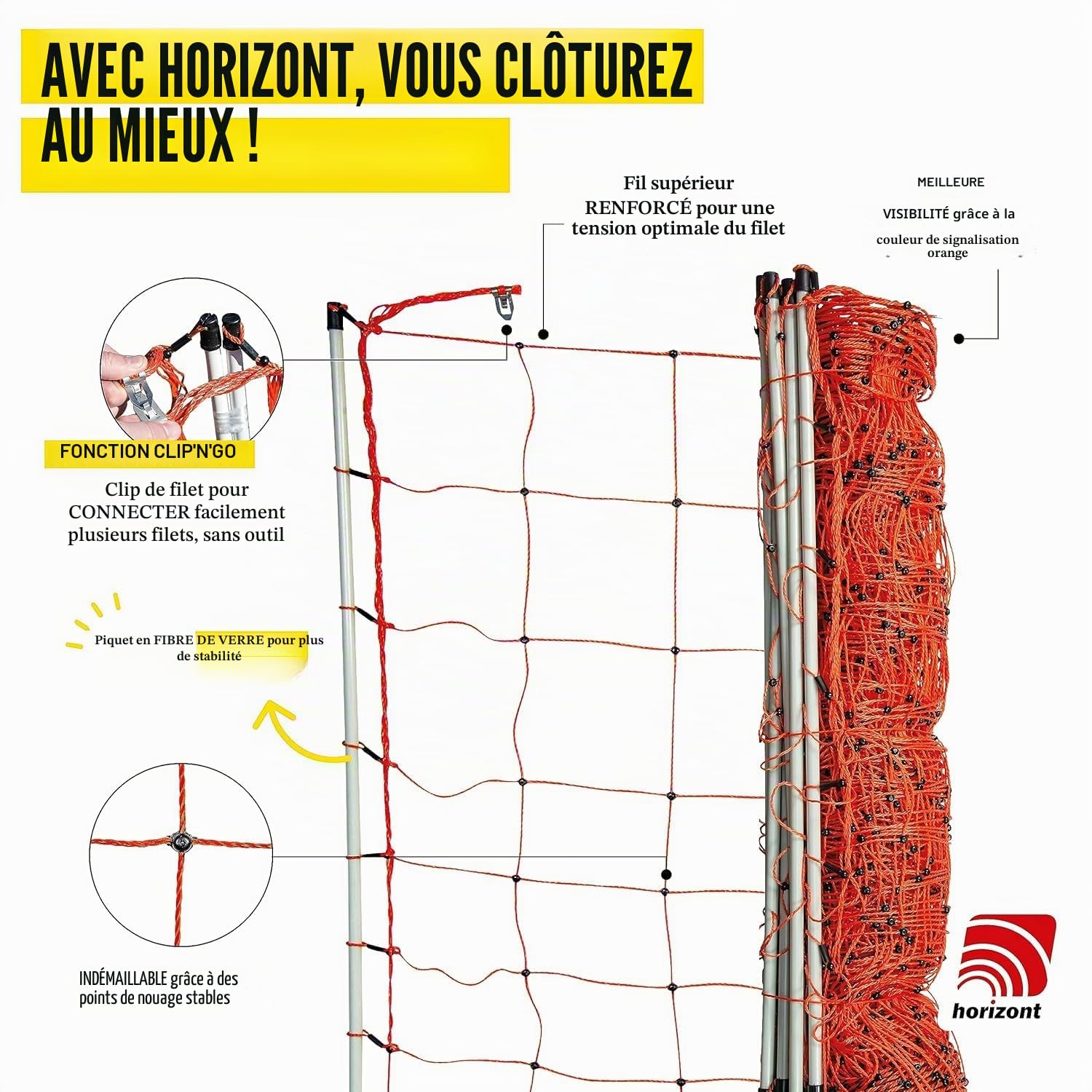 Horizont strongLine Clôture électrique pour moutons 90 cm de haut – Clôture de 50 m de long, 14 piquets en fibre de verre à double pointe – Clôture mobile pour moutons, chèvres et agneaux – Ensemble