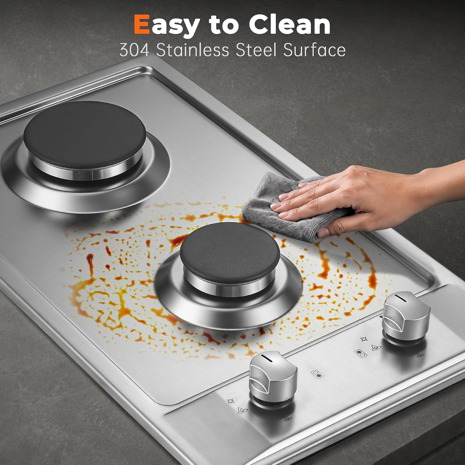 12 inch Gas Cooktop, 2 Burner Gas Stove, 304 Stainless Steel