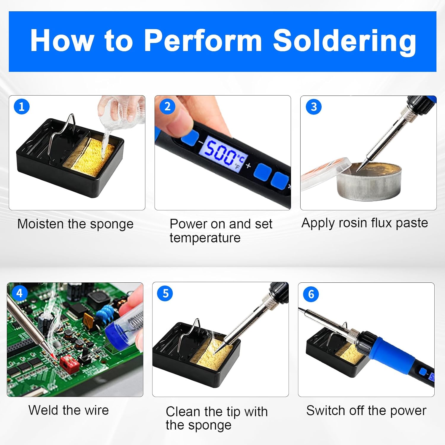 Soldering Iron Kit, 80W Soldering Iron Pen with Adjustable Temperature, LCD Display, ON/OFF Switch, 5 Tips, Solder Wire, Stand with Sponge, Pump, Paste, Tweezer, Blue