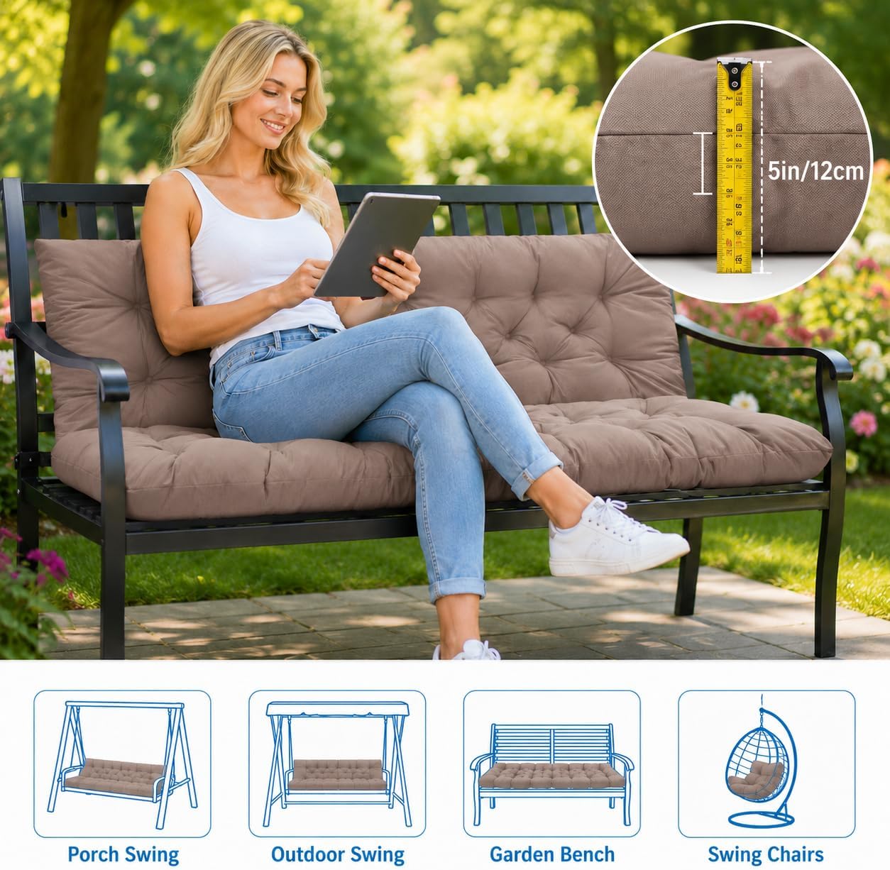 60 Inch Porch Swing Cushion with Backrest, Thick Waterproof Outdoor Bench Cushion for Patio, Garden & Backyard Seating(Khaki, 40 * 40in)