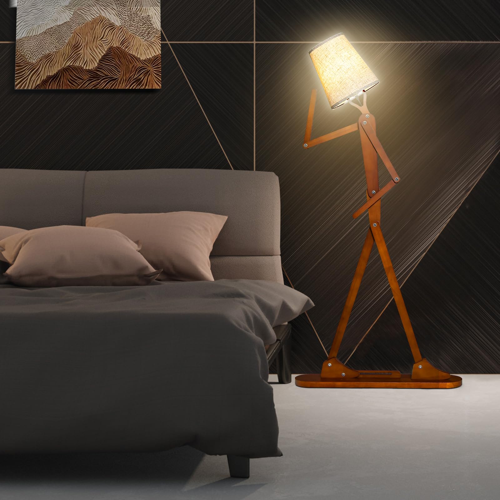 RELAX4LIFE Stehlampe, Stehleuchte mit Verstellbaren Gelenken, Humanoide Standleuchte mit Fußschalter & E27 Fassung, 160cm Standlampe Holz, Stehlampe für Wohnzimmer & Schlafzimmer