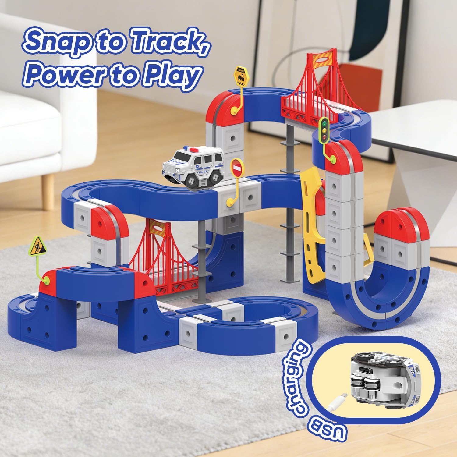 Electric Train Set for Kids, 115PCS 3D Infinity Flexible Race Track Toys with Magnetic Motorized Police Car, STEM DIY Cube Track Train Toys for Toddlers, Birthday Gifts for Boys Girls.