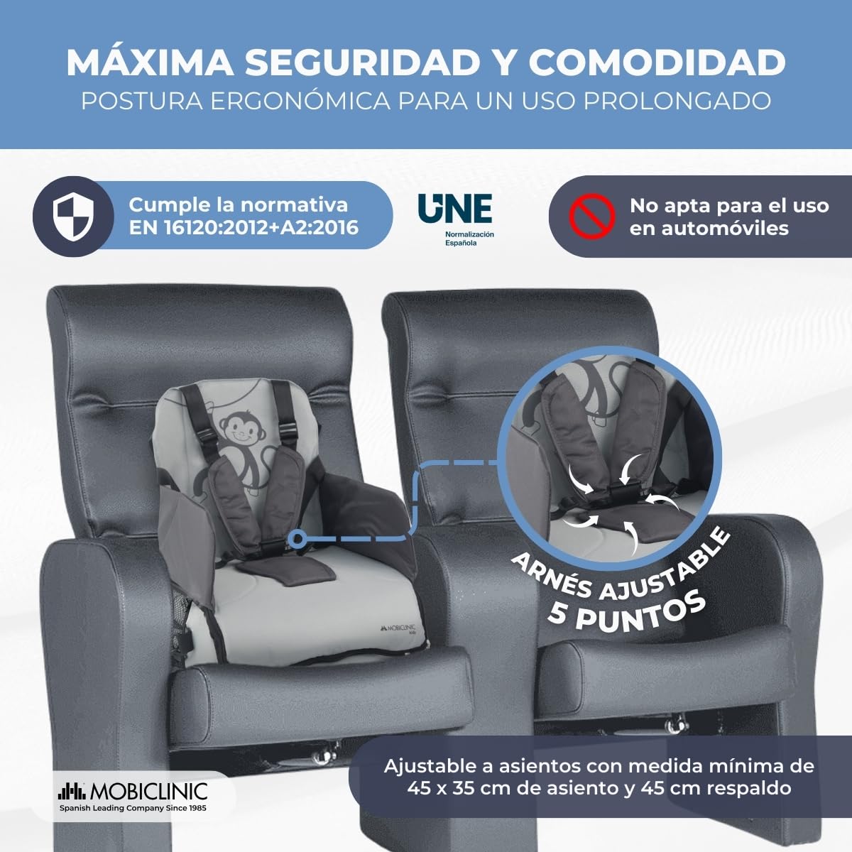 Mobiclinic ®, Trona portátil bebé, Monkey, De viaje, 6 a 36 meses, Hasta 15kg, Plegable, Arnés ajustable 5 puntos, Con almacenamiento, Silla bebe, Color gris
