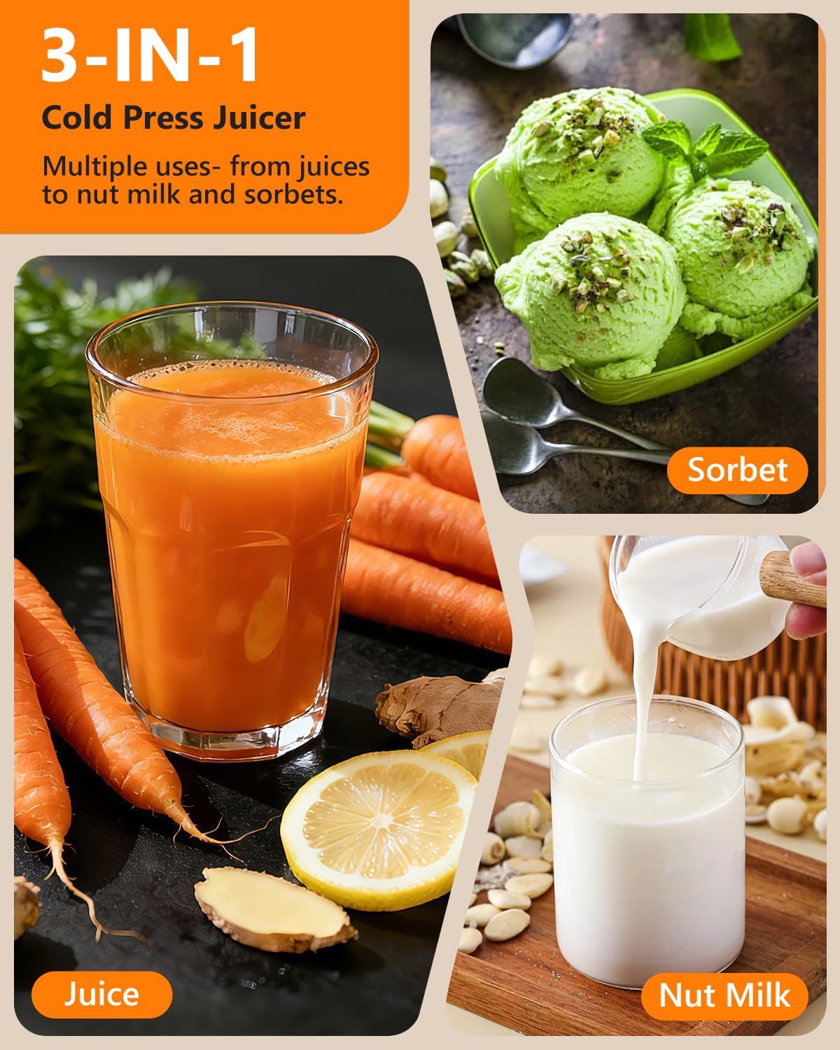 Cold Press Slow Juicer for Fruits & Vegetables Celery Carrot Ginger, Masticating Juicer Machine Soft Hard Mode, Reverse Function,250W Motor, Easy To Clean, Fresh Orange Juice Extractor