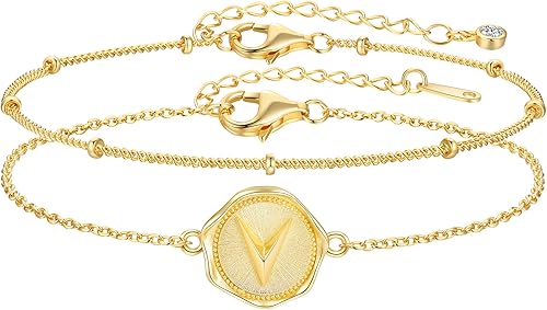 CDE Pulseras con iniciales en capas para mujer con colgante de plata de ley 925 del alfabeto de victoria chapado en oro de 18 quilates regalo de