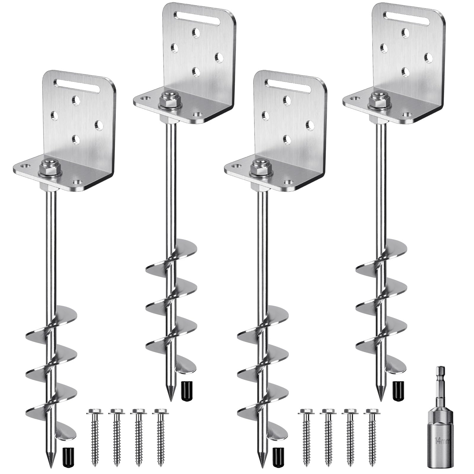 Insaga 18'' Ground Anchors Screw in 10mm Solid Steel with L Bracket, for Trampoline Mobile Home Swing Set Shed Carport Tent Stakes Earth Anchor Tree, 2" Helix Blade & Chrome Plated Finish, 4Pack