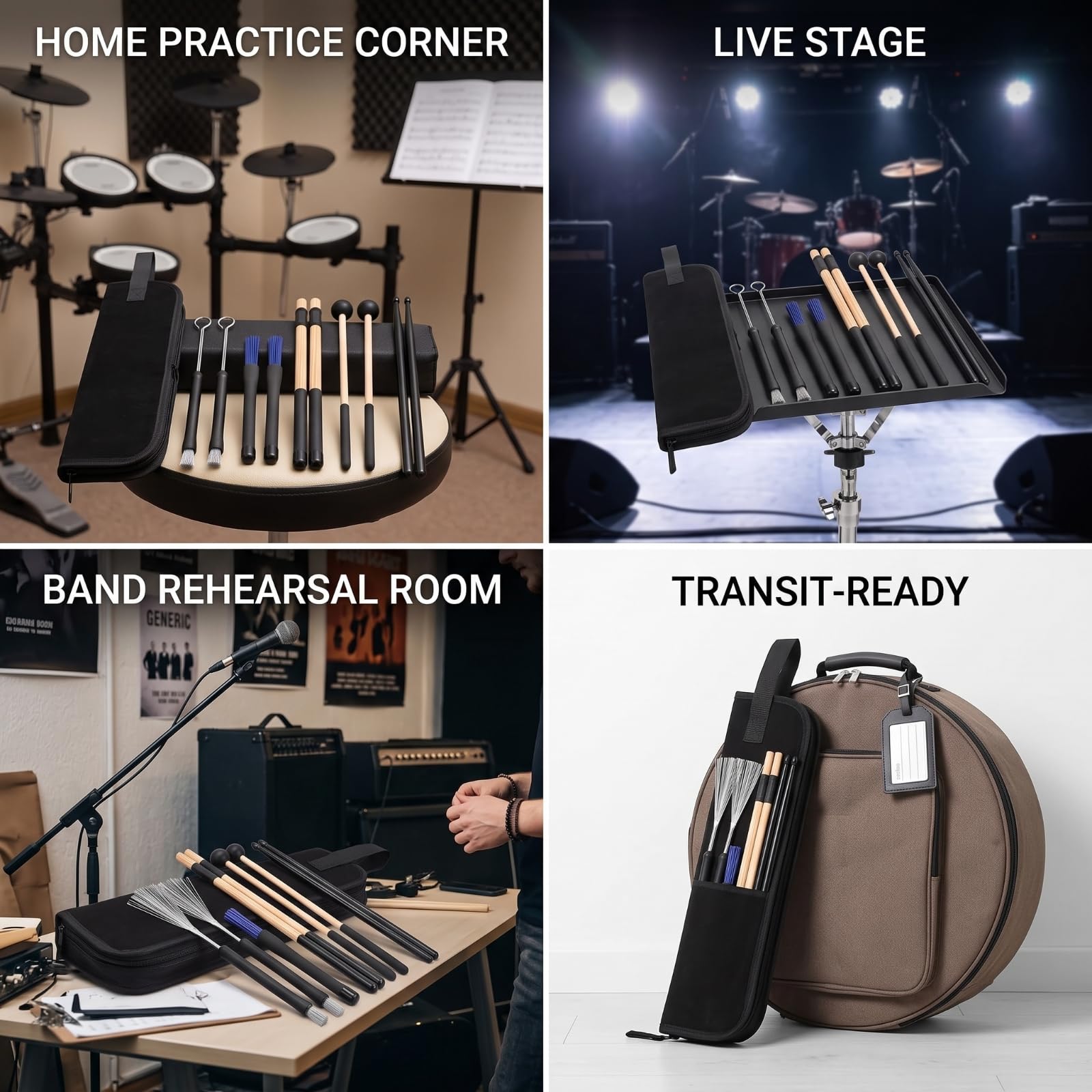 TISHITA Drumstick Bundle Kit Percussioni Bacchette Spazzole Bundle Mallet con Custodia Protezione da Polvere E Graffi Adatto a Studio Prove Trasporti