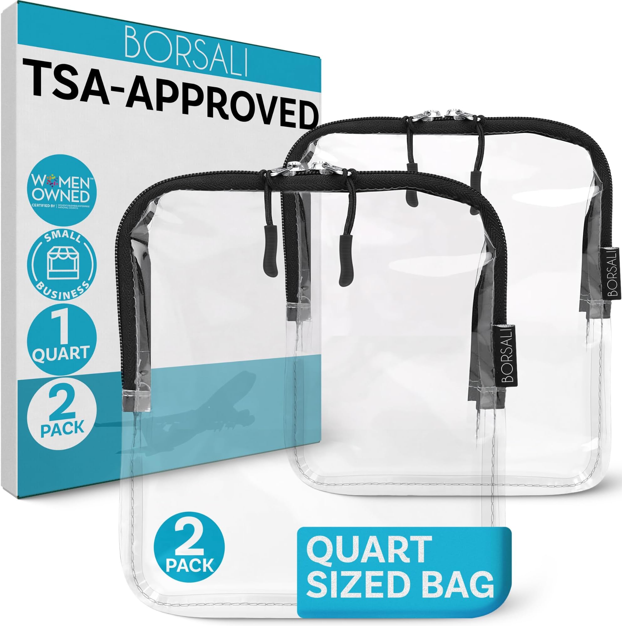 BORSALI TSA Approved Toiletry Bag - Clear Quart Size for 3-1-1 LIquids for Carry On Travel - Toiletries Organizer - Cosmetic Pouch with Zipper - Travel Accessories - 2 Pack
