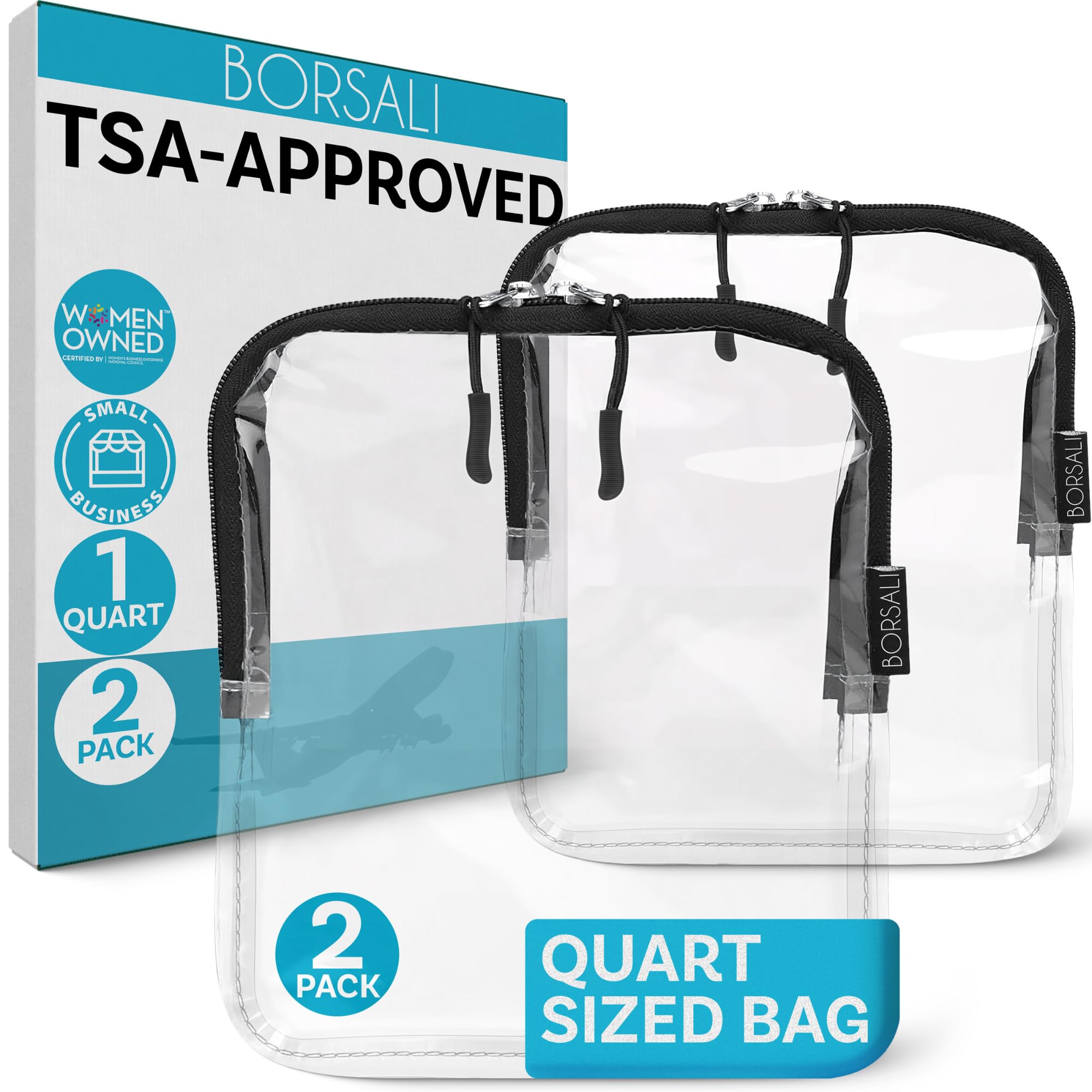 BORSALI TSA Approved Toiletry Bag - Clear Quart Size for 3-1-1 Carry On Travel - Makeup Organizer Cosmetic Pouch with Zipper - Travel Accessories - 2 Pack