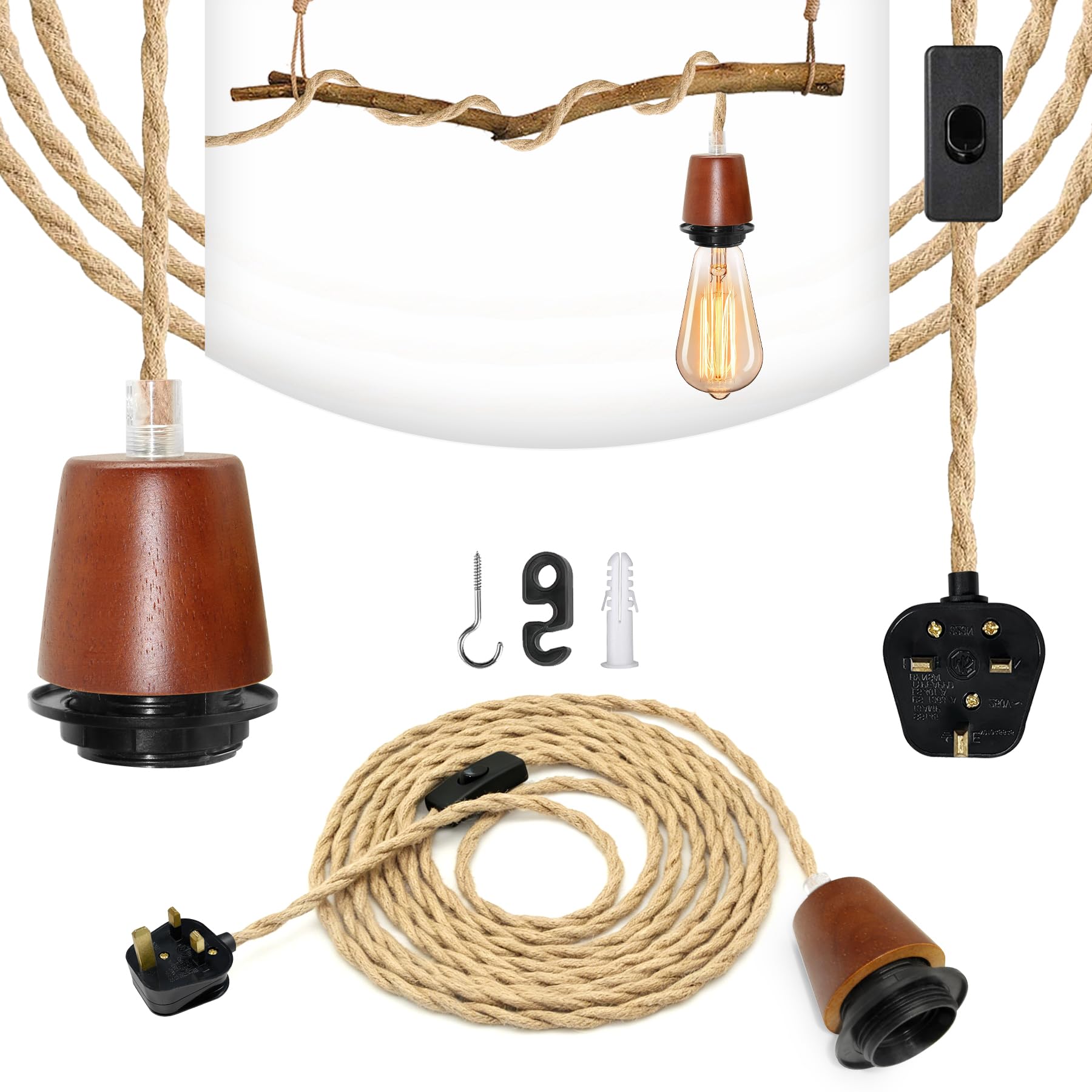 LAKONEI 510cm Plug in Hemp Rope Cable Pendant Light, E27/E26 Vintage Lamp Holder Lighting Fixture with Plug and Switch, DIY Hanging Ceiling Lamp for Boho Room (Bulb Not Included)