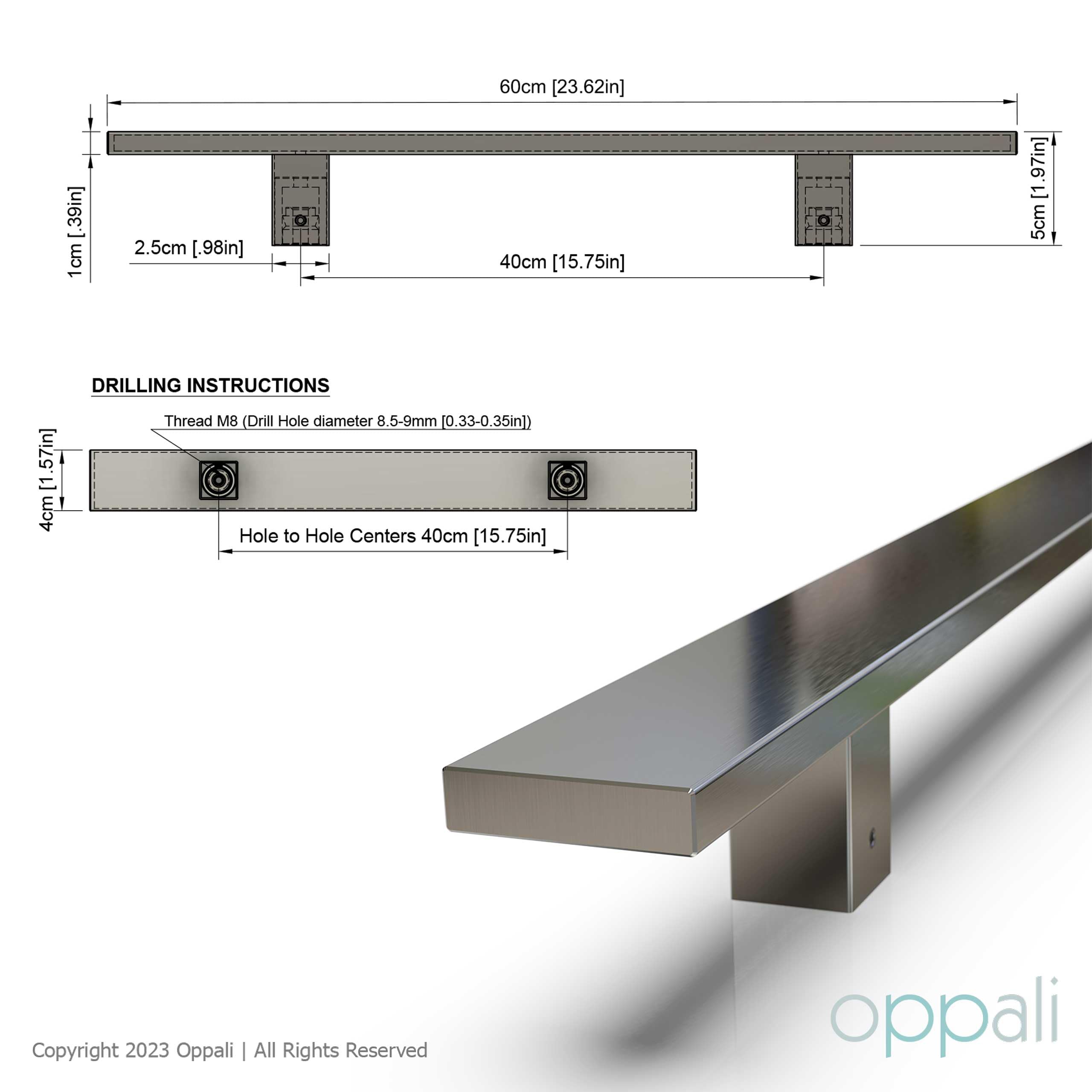 Brossé Acier Inoxydable Matériau de haute qualité Carré Rectangle Poignée de porte d'entrée Art.540 | Rectangle T-Bar | 60cm Longueur Totale