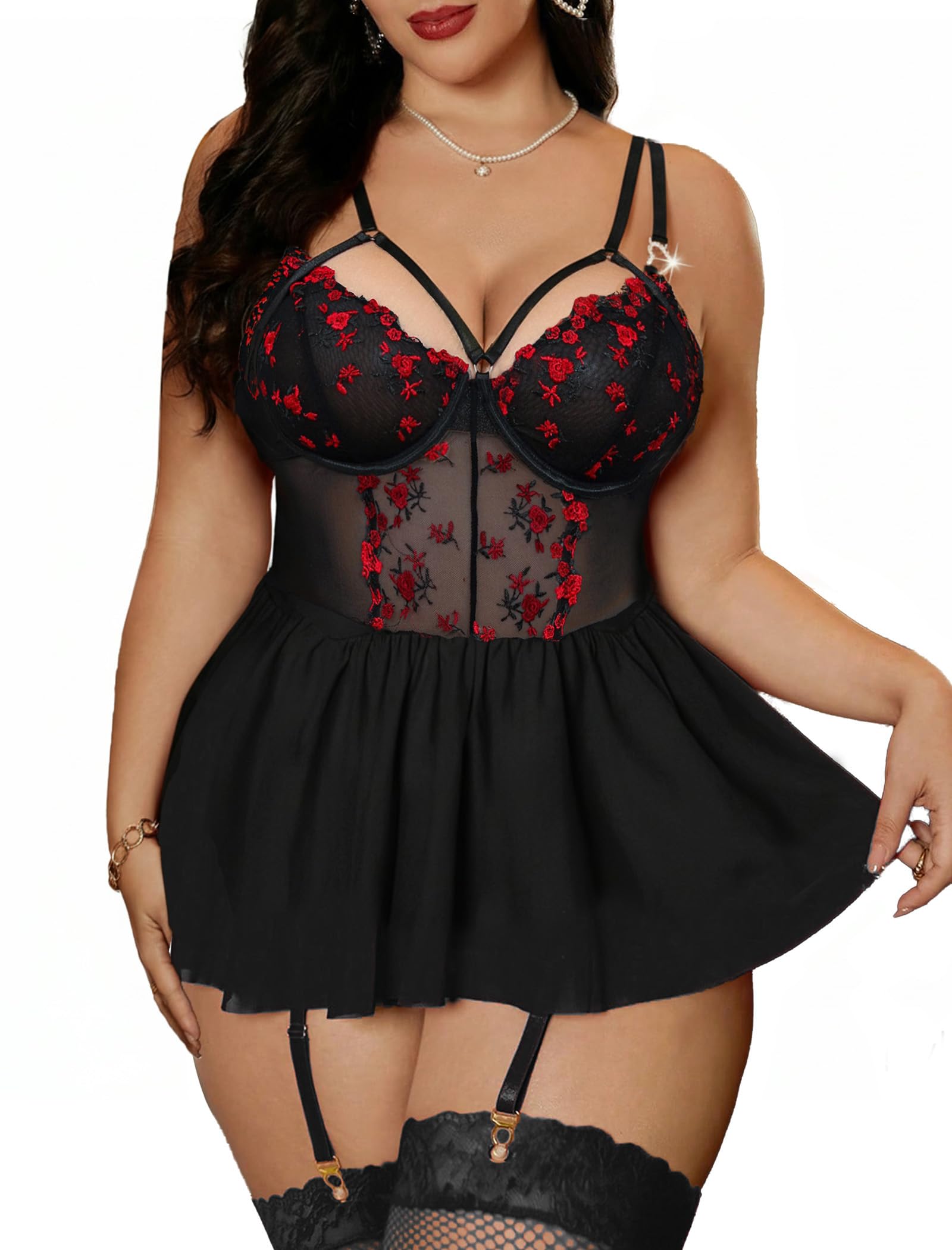 Alrovetoney Plus Size Lingerie For Curvy Women Ruffle Lingerie Set Sexy Lace Lingerie Set Garter Belt With Stockings