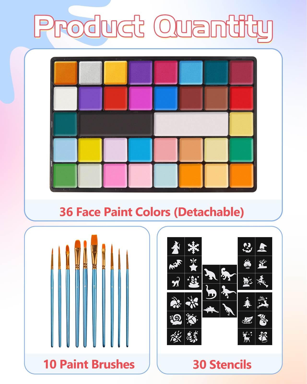 Lictin Pittura per Viso 36 Colori-Face Paint,10 Pennelli Professionali ,30 grafica per festa di Halloween, compleanno, Natale Paletta di bellezza,grande rega