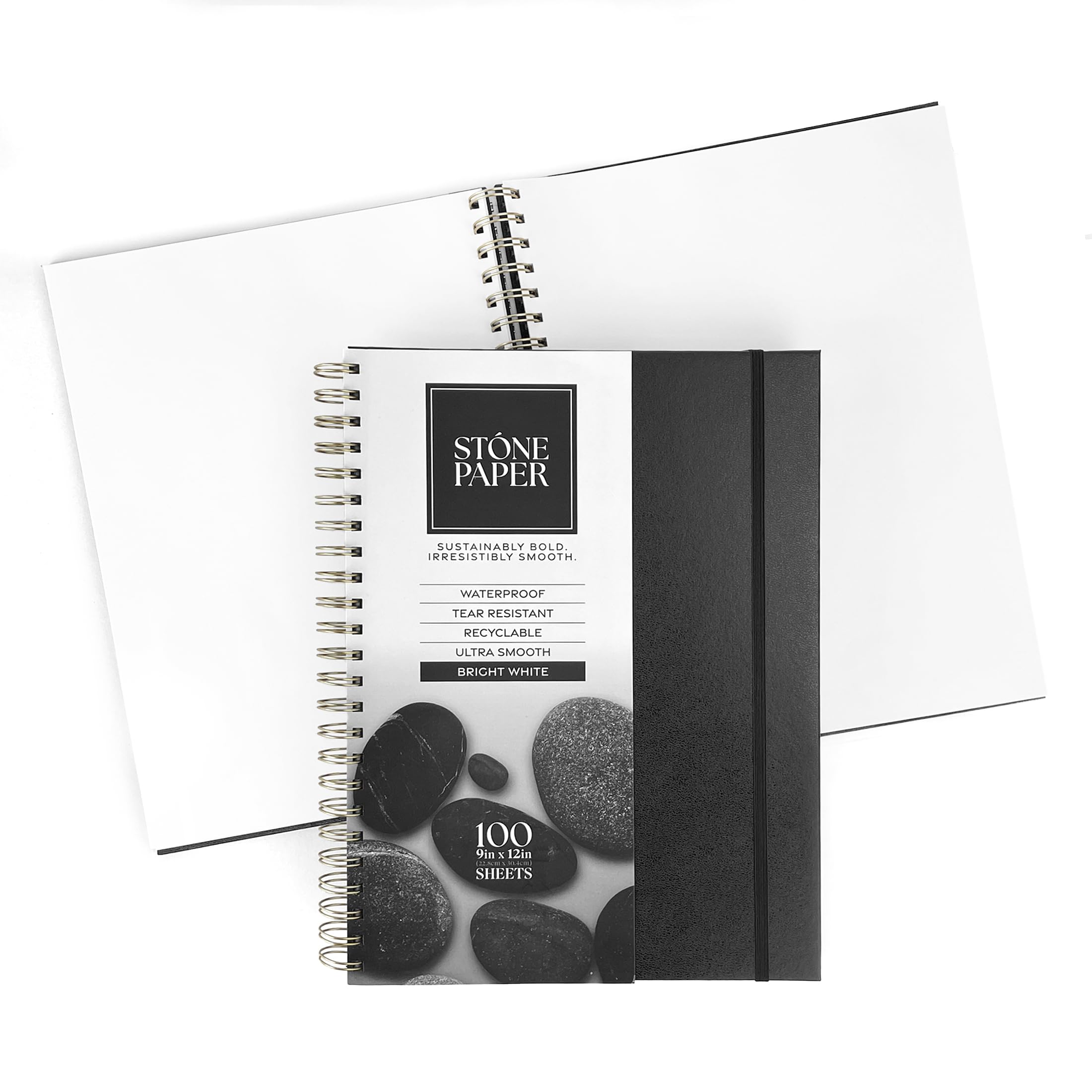 ArtSkills Stone Paper Sketchbook, Spiral Bound Stone Paper Notebook No Lines, 9x12 Waterproof Journal, Aesthetic Sketchbook Blank Pages for School, Work, Drawing, Sketching - Black, 100 Sheets