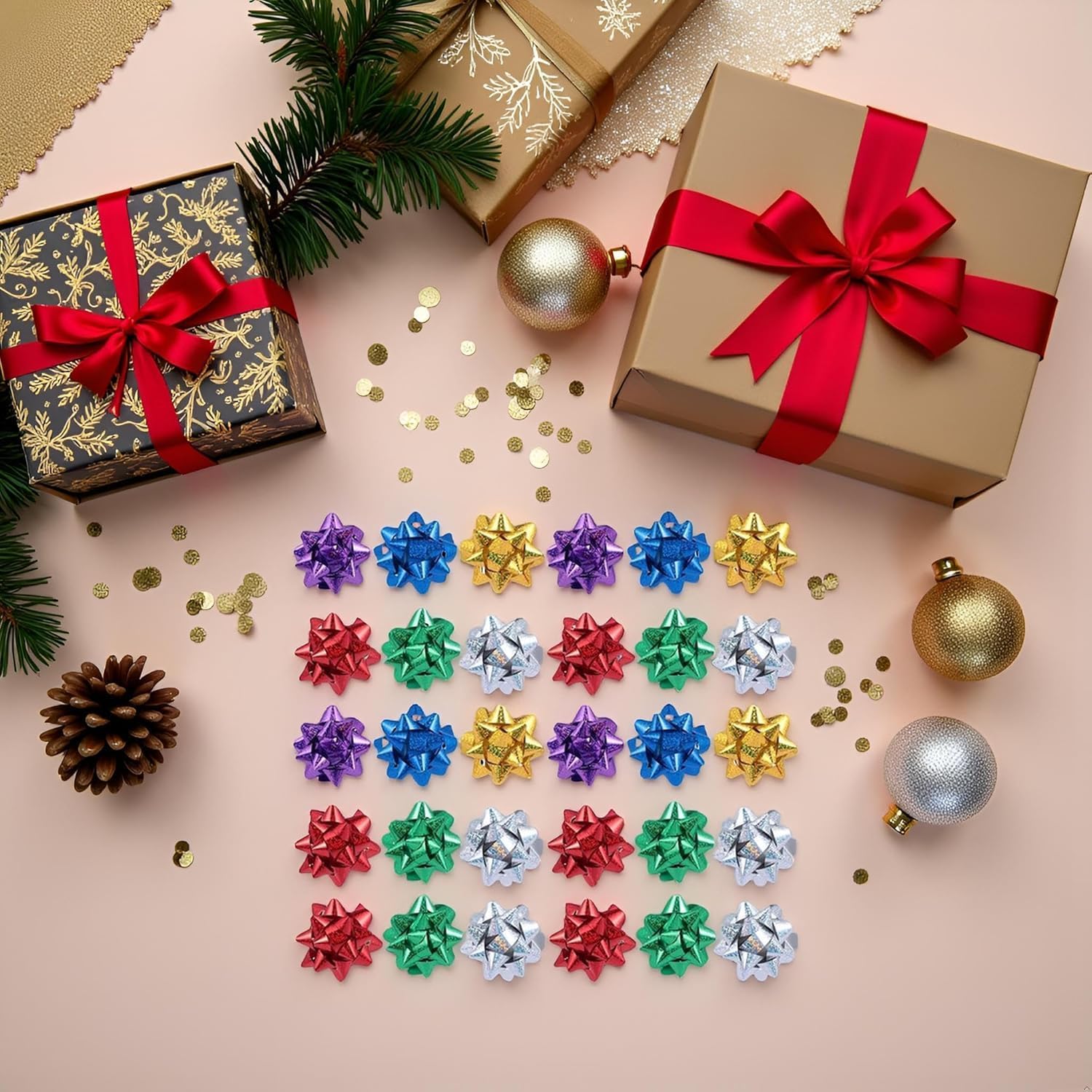 50 Pcs Colorful 1 Inch Gift Bows Christmas Bows Metallic Star Bows Party Gifts Wrapping Bows Adhesive Holiday Presents Bows for Valentine's Day, Gift Wrapping Supplies, Gift Wrap Bows - Image 4