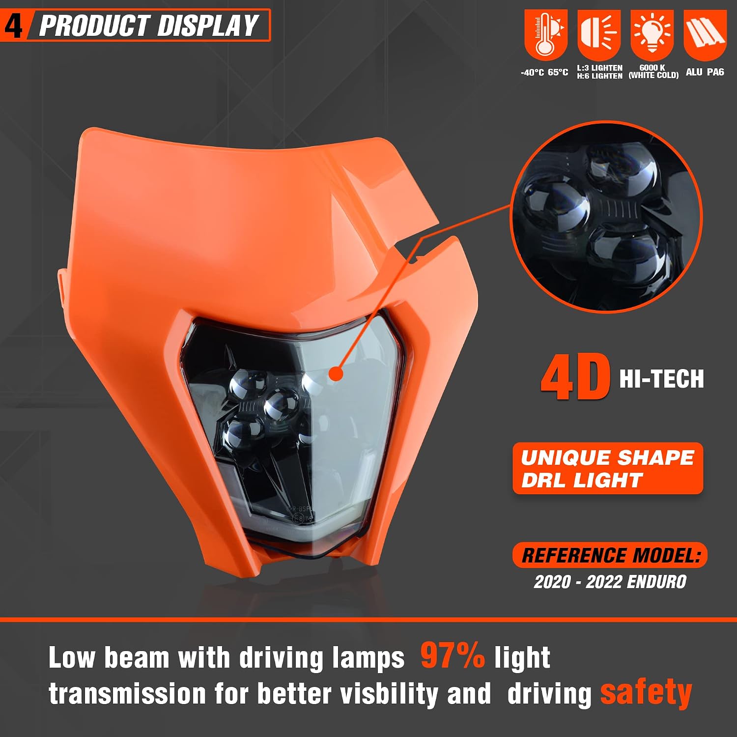 Dirt Bike Led Headlight Motorcycle 2020-2022 Enduro Headlight Kit for EXC EXCF SX SXF XC XCF XCW XCFW (Orange-Dual 5)