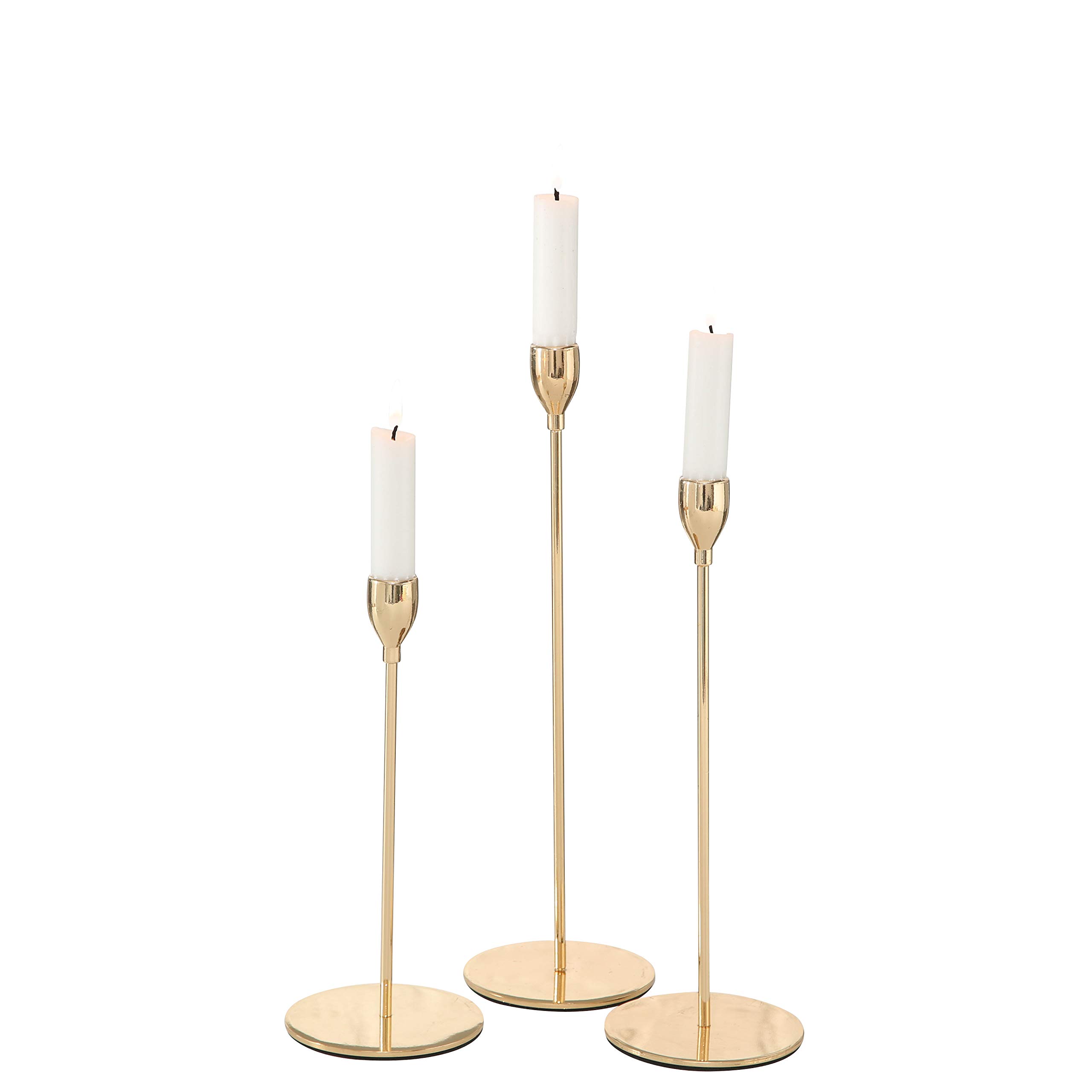 WHW Whole House WorldsScandi Style Tulip Top Candle Holders, Set of 3, Artisan Crafted, Finished in Gold, Hand Rubbed Iron, 13, 11, and 9 Inches Tall