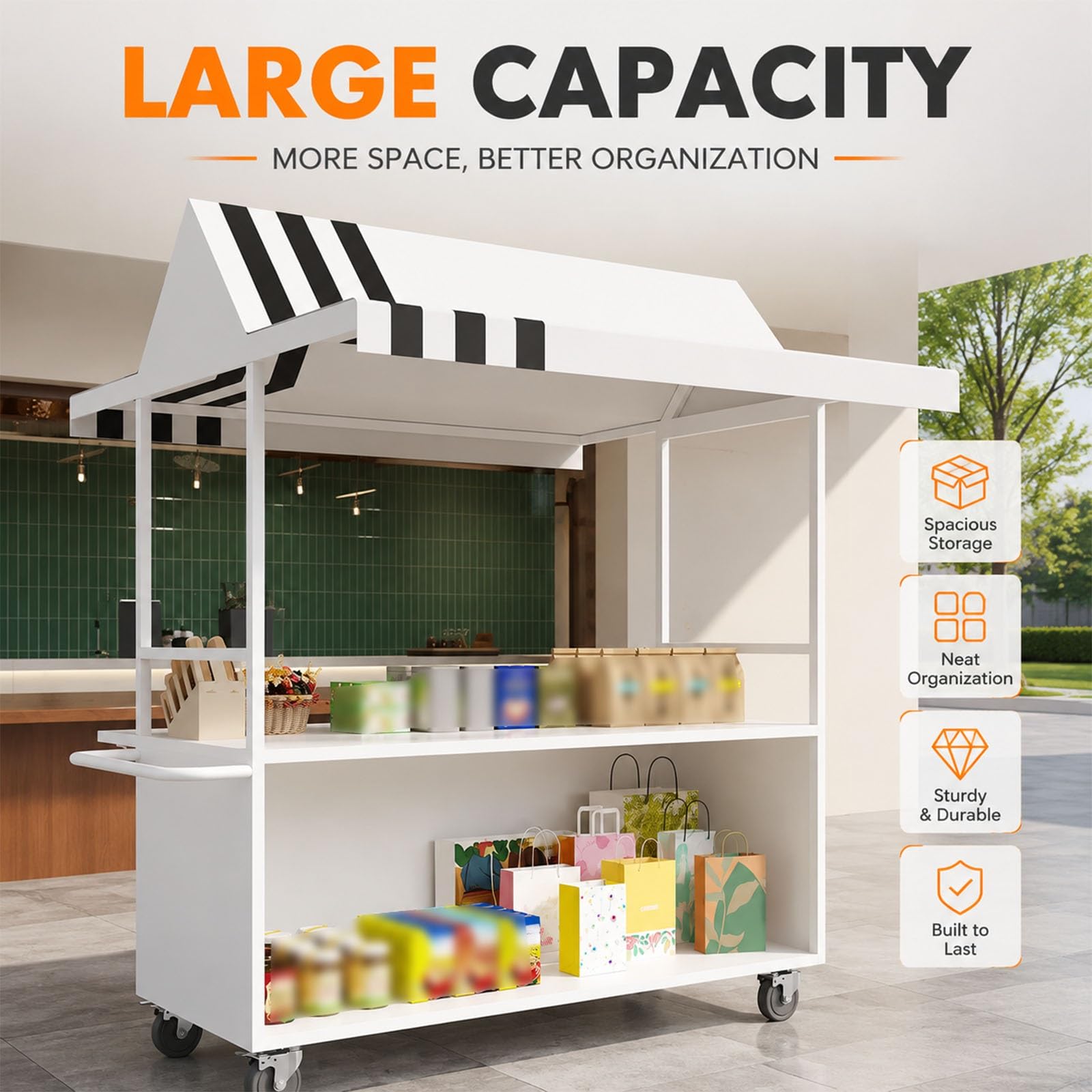 Carrello Servizio da Esterno con Tettoia, Stazione Mobile per Feste con Ripiani e Ruote, Carrello Portatile per Esposizione di Bevande e Cibo per Giardino, Matrimoni ed Eventi(White,140cm/55in)