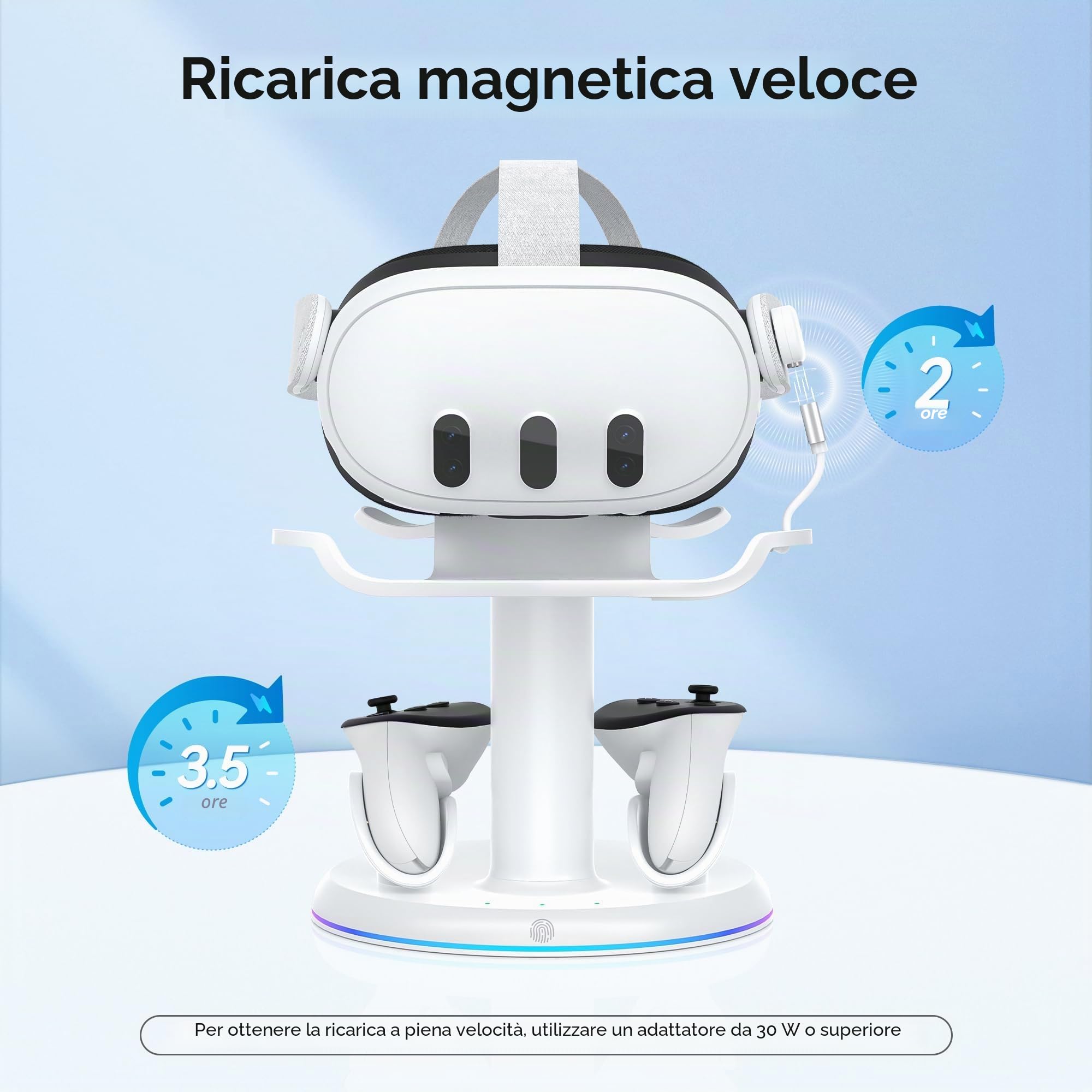 AMVR Stazione di Ricarica Magnetica per Meta Quest 3/3S | Stand VR RGB, 2 Batterie per Controller, Protezione Sovraccarico, Salvaspazio, Senza Adattatore
