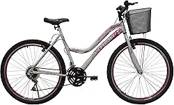 Bicicleta Aro 26 Mtb 18 Marchas Musa Feminina Com Cestão Branca/Rosa