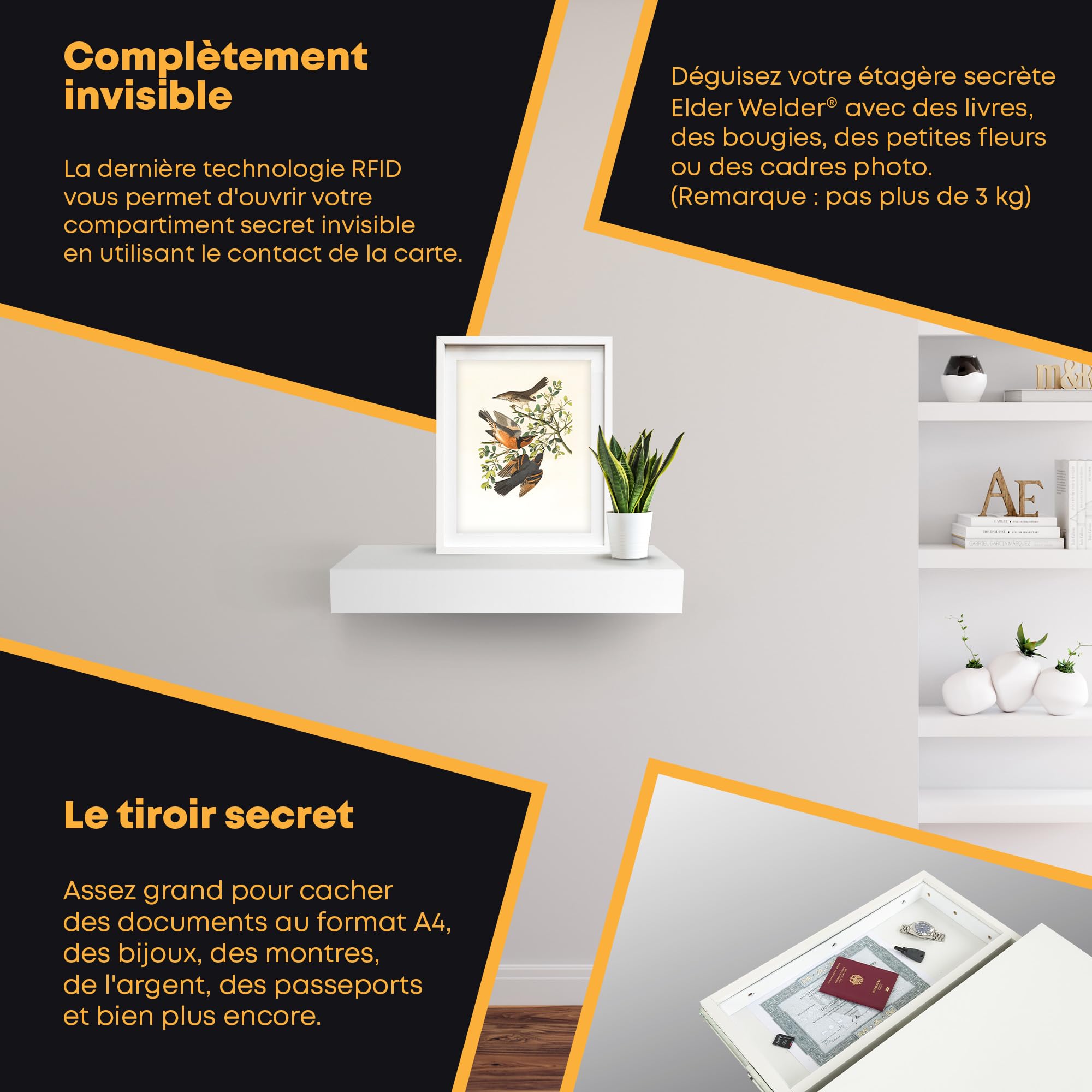 Elder Welder® Étagère Secrète avec Compartiment Secret, Serrure RFID | Blanche, 30cm x 60cm, Coffre Fort Secret, Étagère Murale avec Cachette Secrète à Clé, Étagère Murale Tiroir