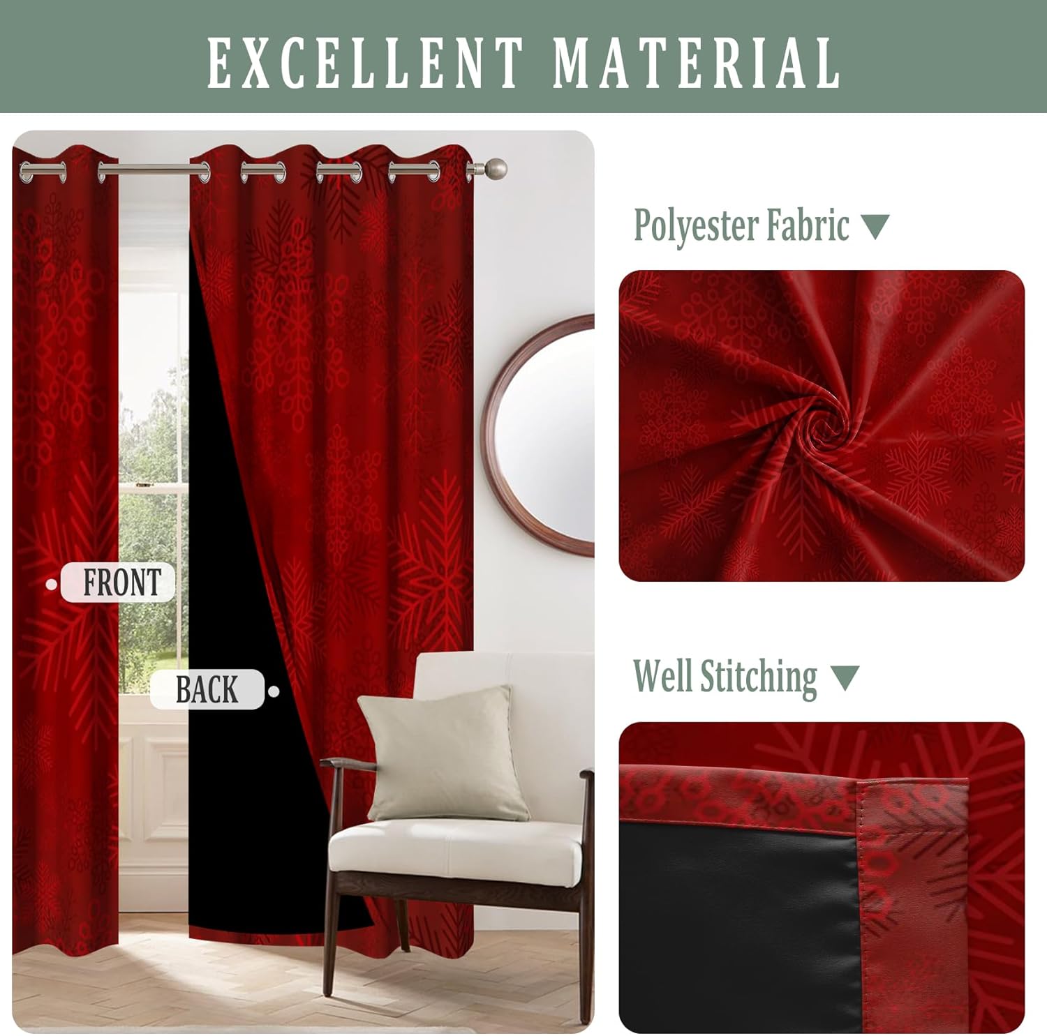 Renaiss Red Christmas Blackout Curtains for Bedroom Winter Xmas Snow Snowflakes Window Curtain New Year Christmas Holiday Printed Art Thermal Insulated Drapes for Living Room 2 Panels Set, 53x63 Inch