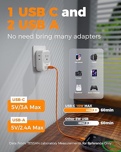 Miniatura 42 de Adaptador de enchufe de viaje para Italia, paquete de 2, adaptador de corriente TESSAN Italia con 4 tomacorrientes, 3 cargadores USB