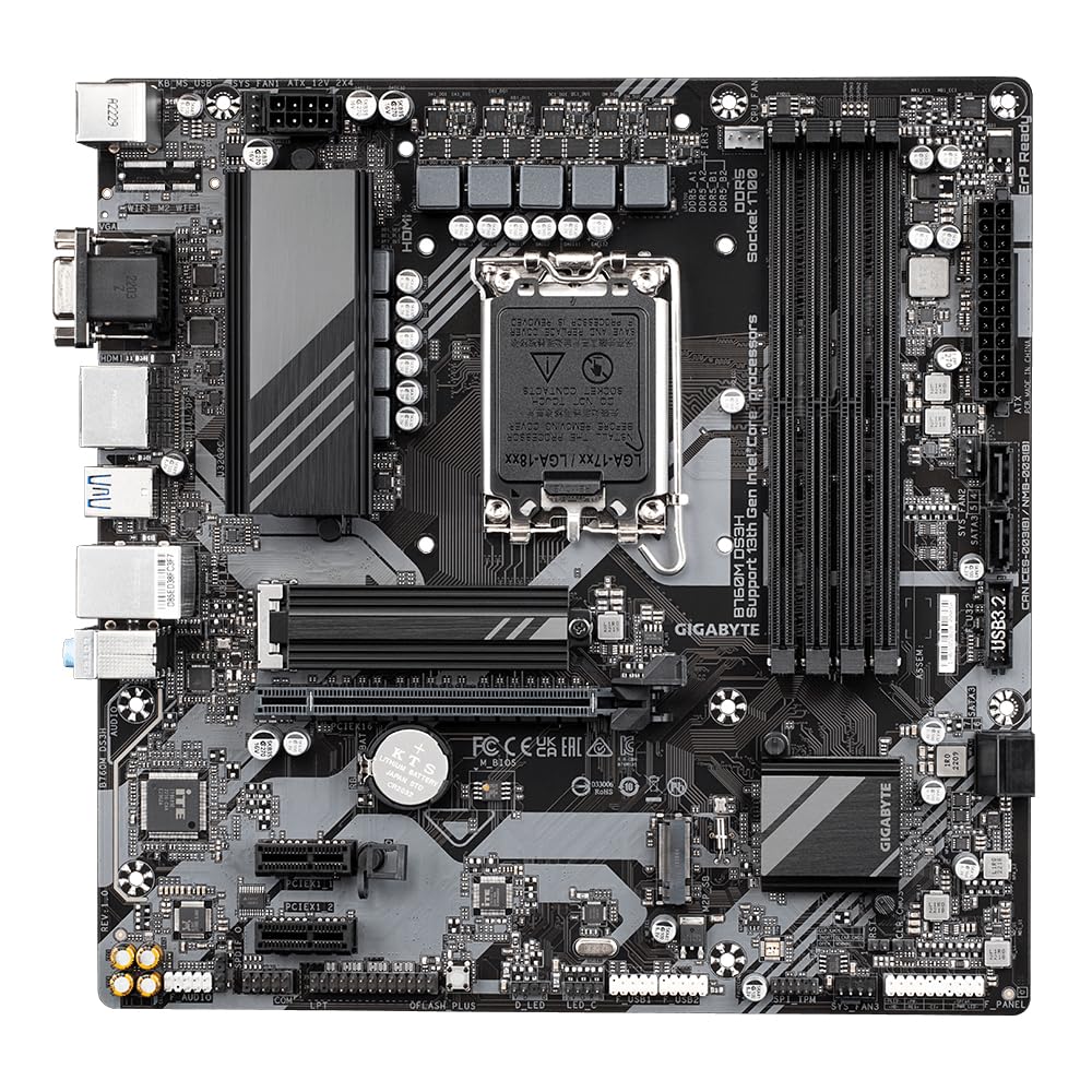 GIGABYTE B760M DS3H Carte Mère - Compatible avec Les processeurs Intel Core 14e génération, VRM numérique 6+2+1 Phases, jusqu'à 7600MHz DDR5 (OC), 2X PCIe 4.0 M.2, LAN 2.5GbE, USB 3.2 Gen