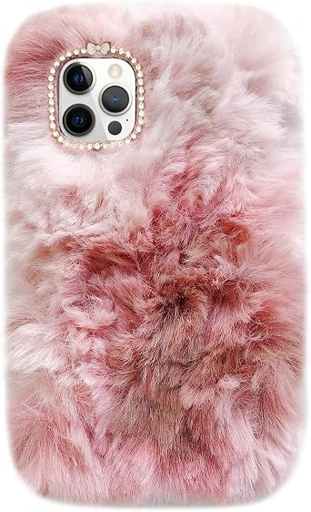 Guppy Compatible with iPhone 13 Pro Max Women Girls Furry Plush Case 3D Cute Bling Bow Diamond Fuzzy Fluffy Warm Gradient Fur Hair Design Soft Silicone Rubber Protective Cover Case 6.7 inch Rose