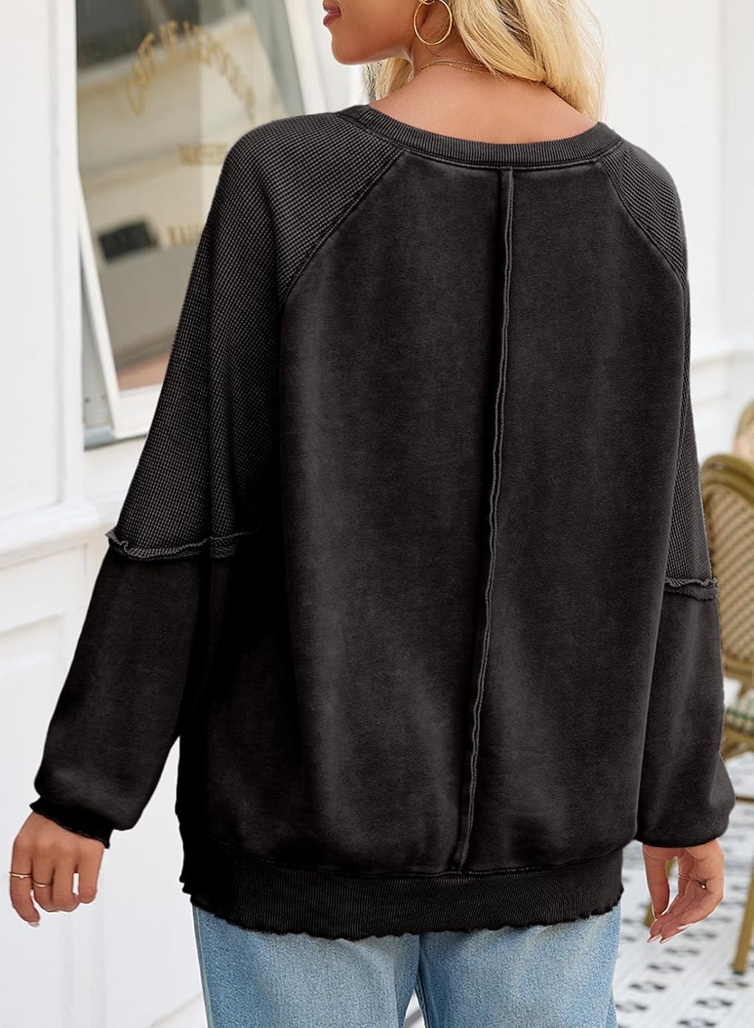 SHEWIN Womens Sweatshirt Oversized Casual Crewneck Long Sleeve Pullover Off The Shoulder Waffle Knit Tops for Women - Image 3