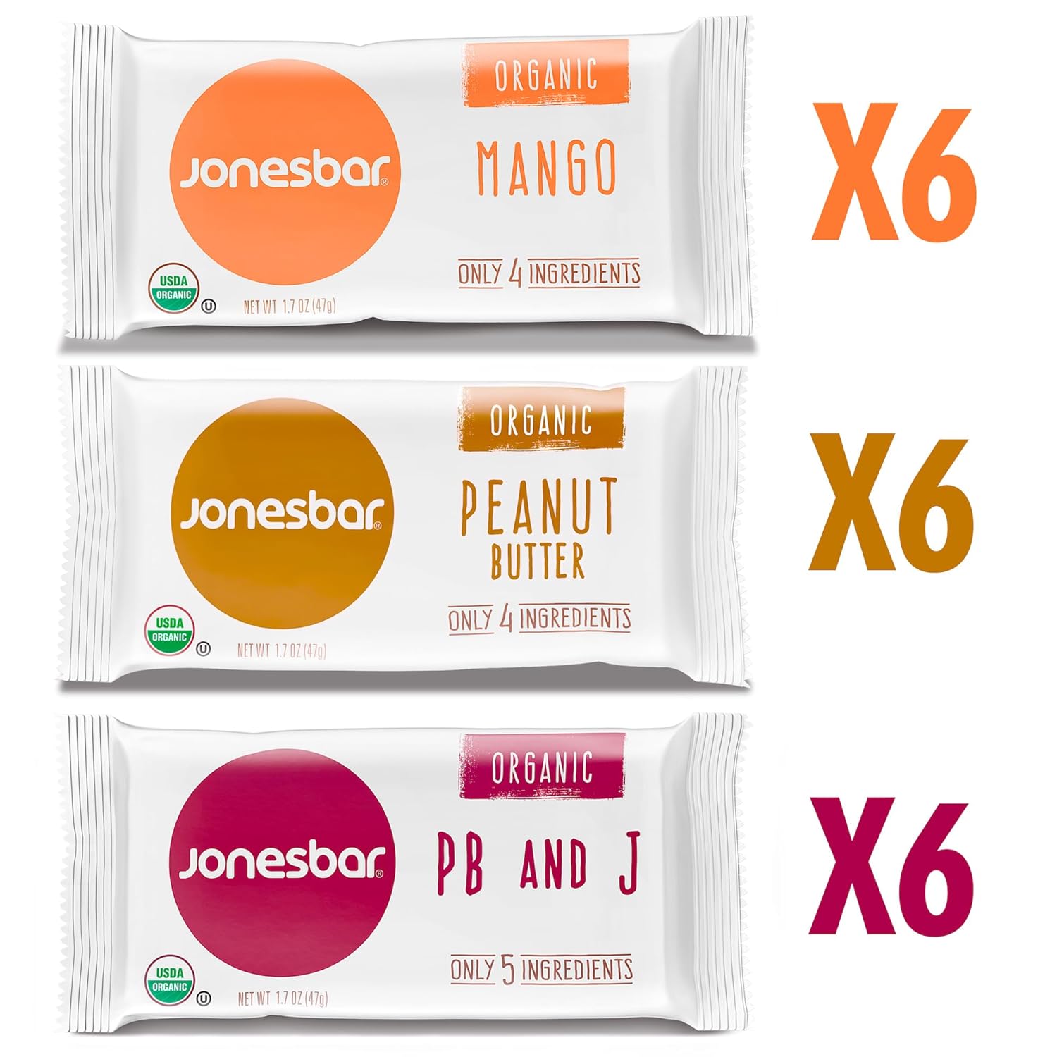 JONESBAR Organic Plant Based Protein Bars | 18 Count Variety Pack | Fruit & Nut Bar, Kosher, Gluten Free, Breakfast Bars, School Snacks, Vegan Snack & Healthy Snacks for Adults and Kids (Pack of 18)