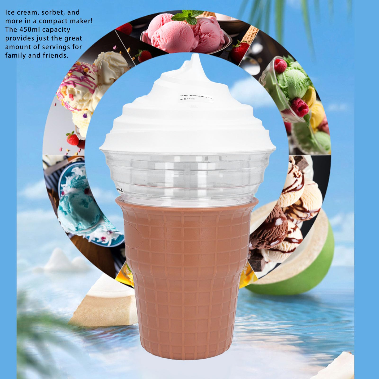 Máquina Eléctrica para Hacer Helados, Máquina de Helado de Capacidad de 450 Ml con Cuchara, Máquina de Yogur Helado con Funcionamiento con un Botón para Helado Casero