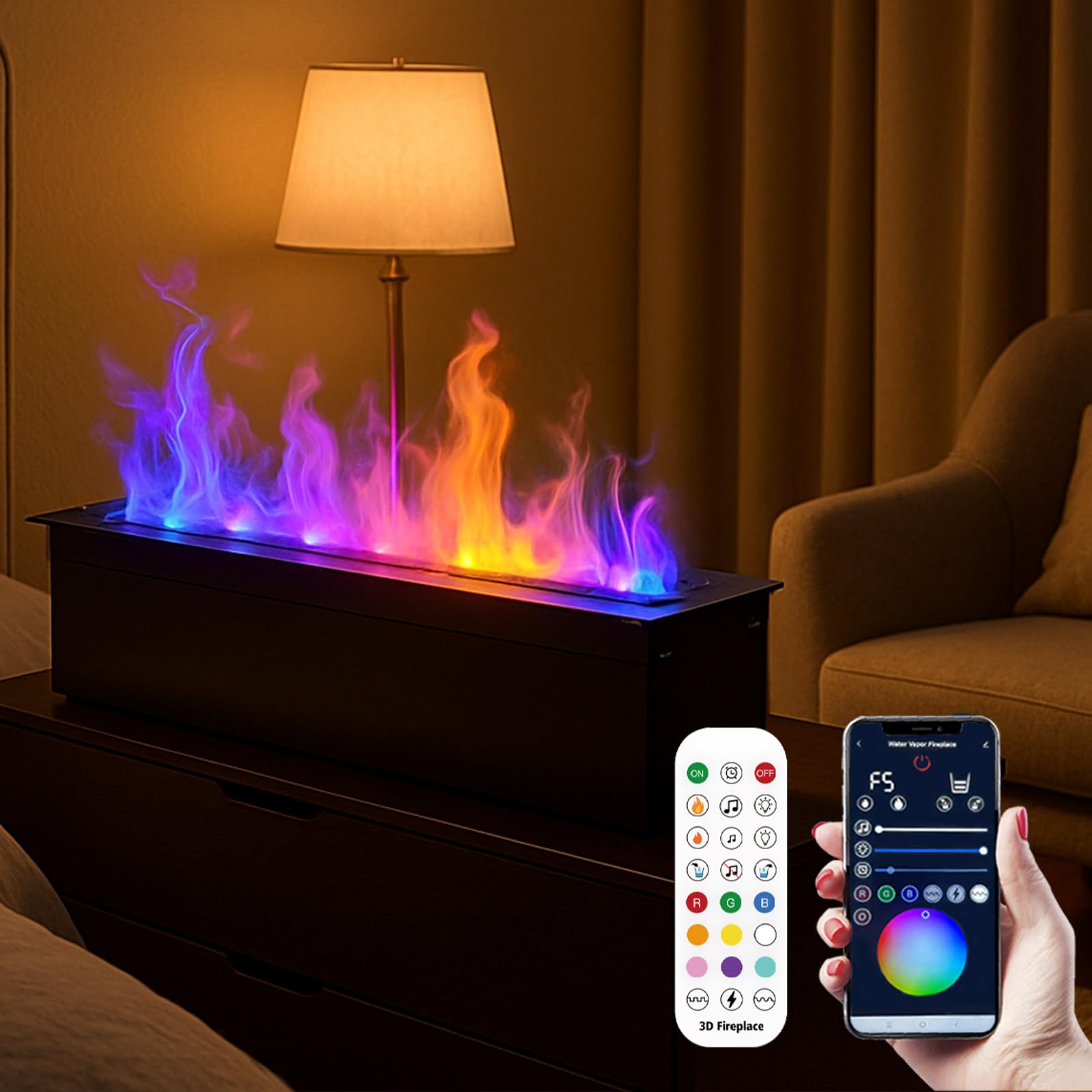 3D Water Vapor Fireplace, Automatic Water Fireplace,3D Simulated Flame - Water Mist Touchable,9 Color Adjustable Flame| Recessed | Remote/App Control, Select Size:50-180cm 100cm/39.3in