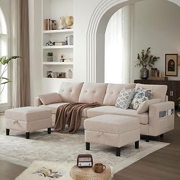 101" Convertible Sectional Sofa Couch, U Shaped Couch with Storage Chaise and Side Pocket, Modern Polyester 4-Seat Reversible Sofa Set for Living Room, Beige