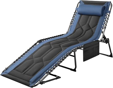 Flamaker Folding Chaise Lounge Outdoor Portable Lounge Chairs 4-Position Adjustable Camping Lounge Chair with Pillow & Side Bag Lightweight Recliner Sunbathing Chair for Pool Beach Deck Blue
