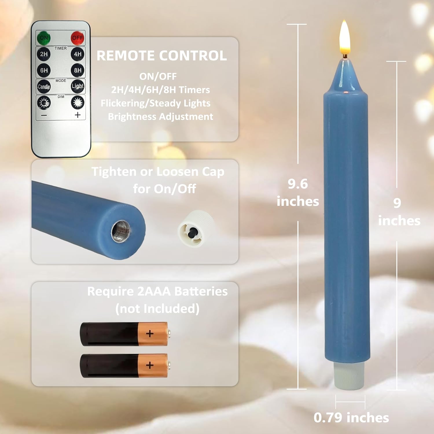 9 inch Dusty Blue Flameless Candle Window Candles with Remote Timer Battery Operated Taper Candle LED Taper Candles Set of 4