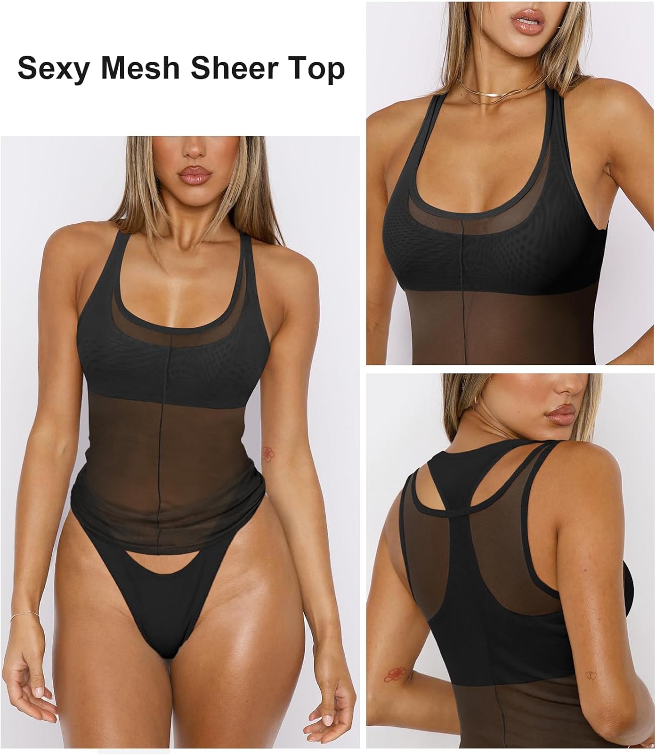 Sexy Mesh Sheer Tops for Women See Through High Neck Low Cut Scoop Back Slim Fitted Tank Mesh Shirt Going Out Tops - Image 4